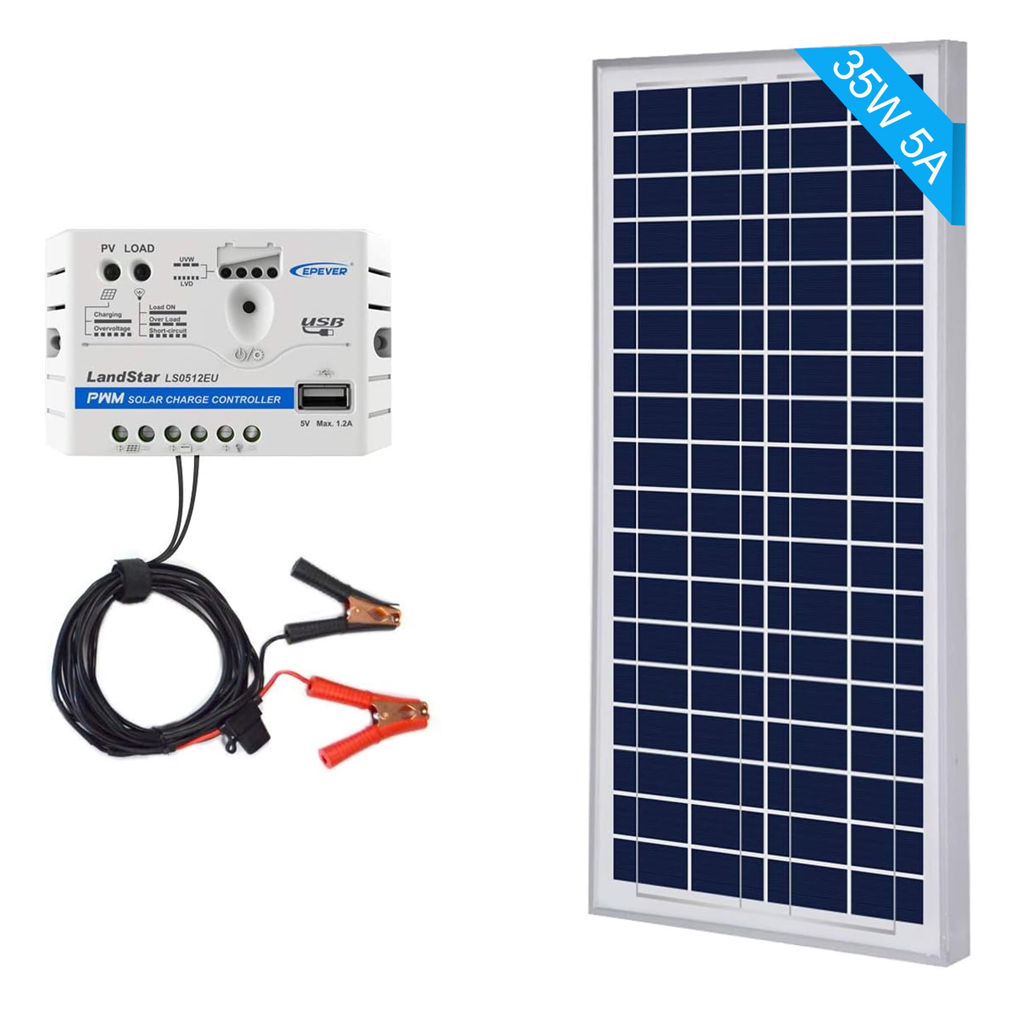 ACOPOWER 35W 5A 12V Solar Charge Kit, 35Watts Polycrystalline Solar Panel & 5A Charge Controller for RV, Boats, Camping; w USB 5V Output as Phone Charger (35W 5A Kit)