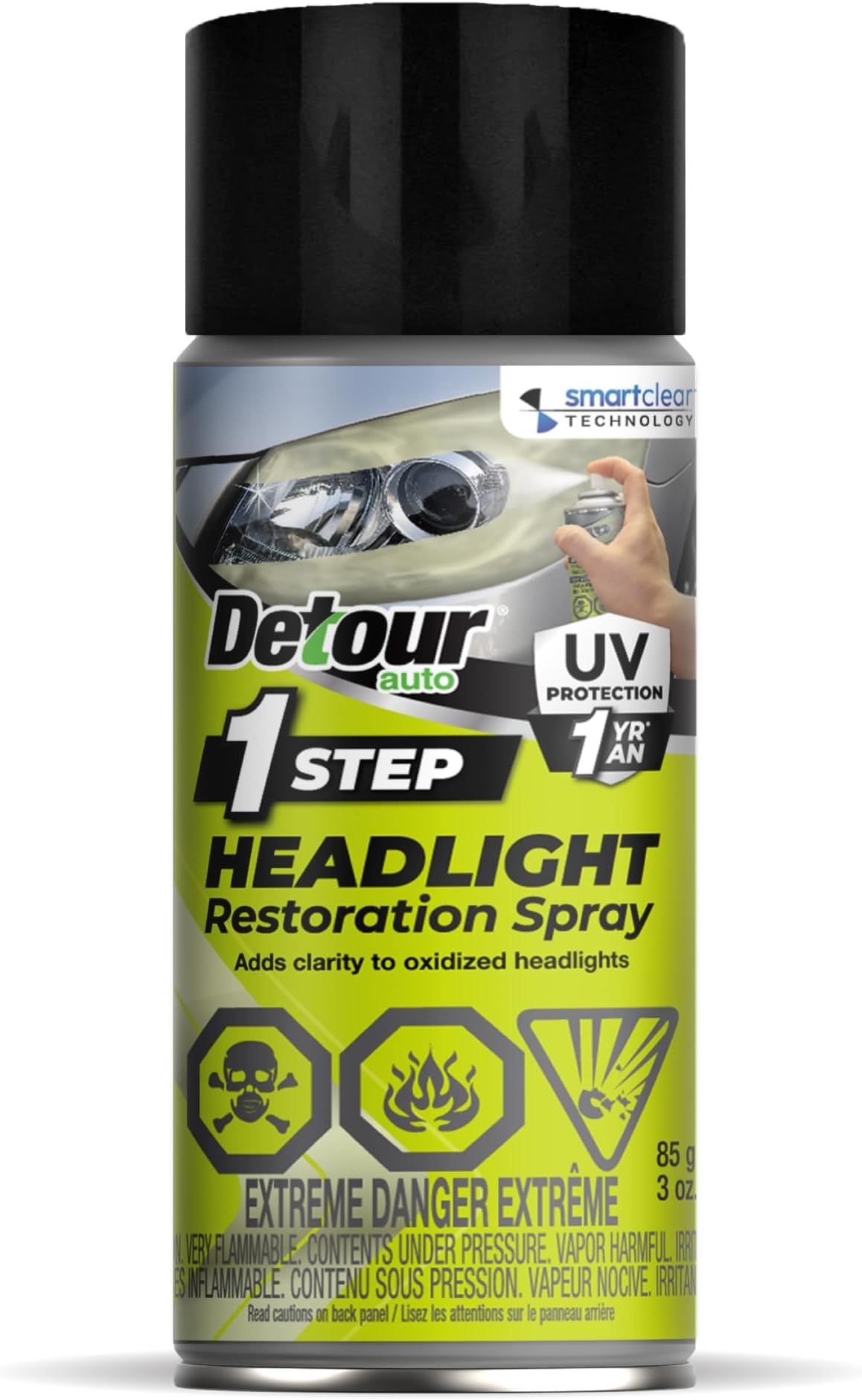 Detour 1-Step Headlight Restoration Spray - 2-in-1 Cleaner & Restorer for Plastic Car Headlights, Quick & Easy, Long-Lasting UV Protection, No Sanding or Tools Required, 3 oz