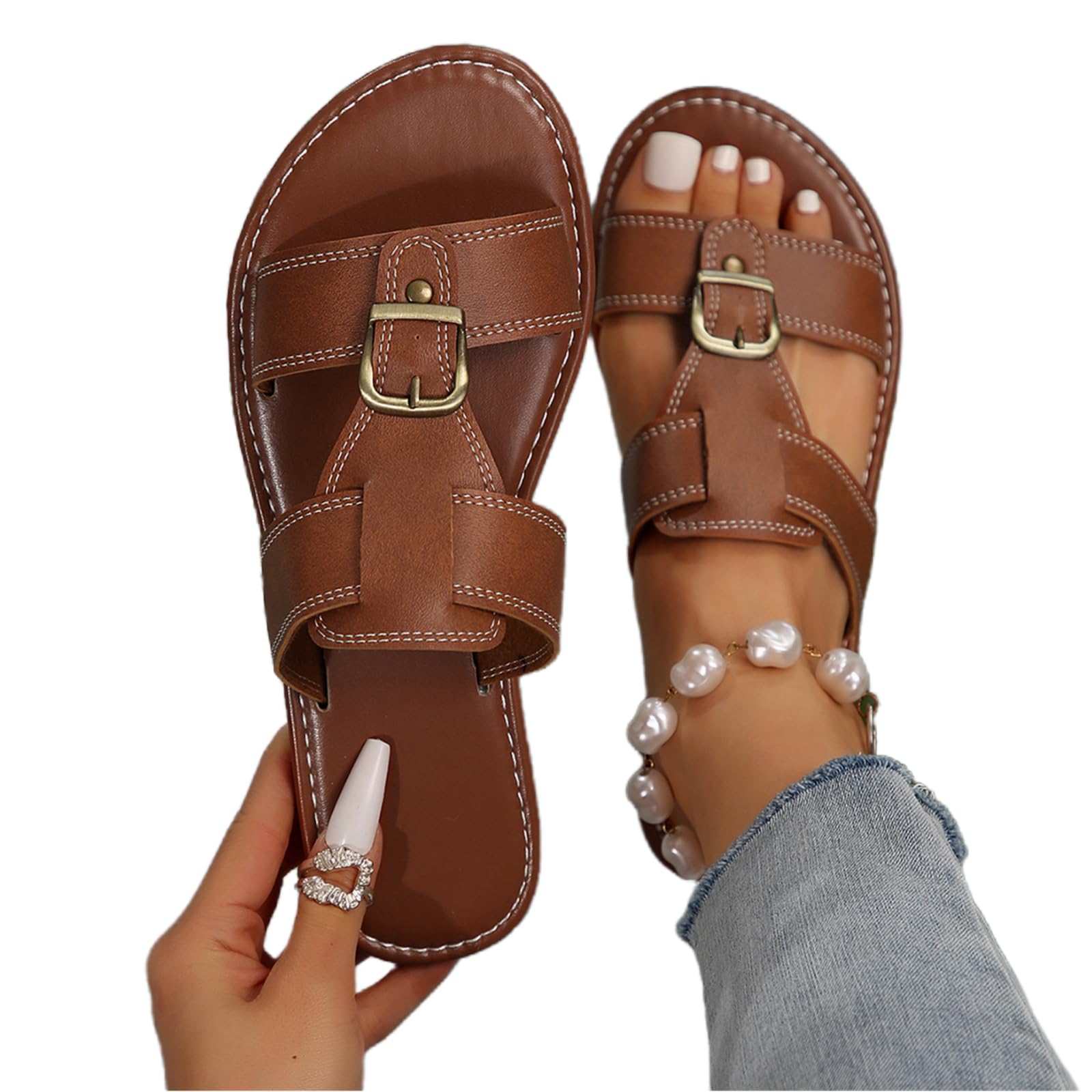 ZKXYFFS Flat Sandals for Women Fashion Casual Vacation Open Toe Slip on Slides Wide Sandal Comfortable Summer Beach Outdoor Slippers