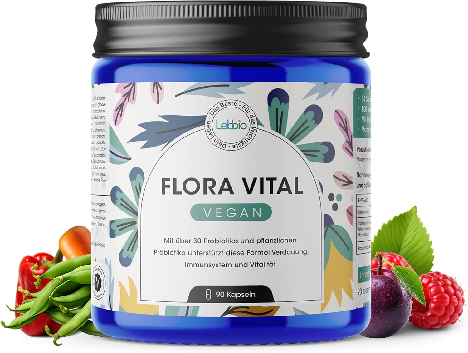 Flora Vital Culturen complex maagsapresistente & veganistisch – 34 bacteriestammen zonder inuline – complex o.a. met lactobacillus, probiotica en vlooienzaden, 90 capsules