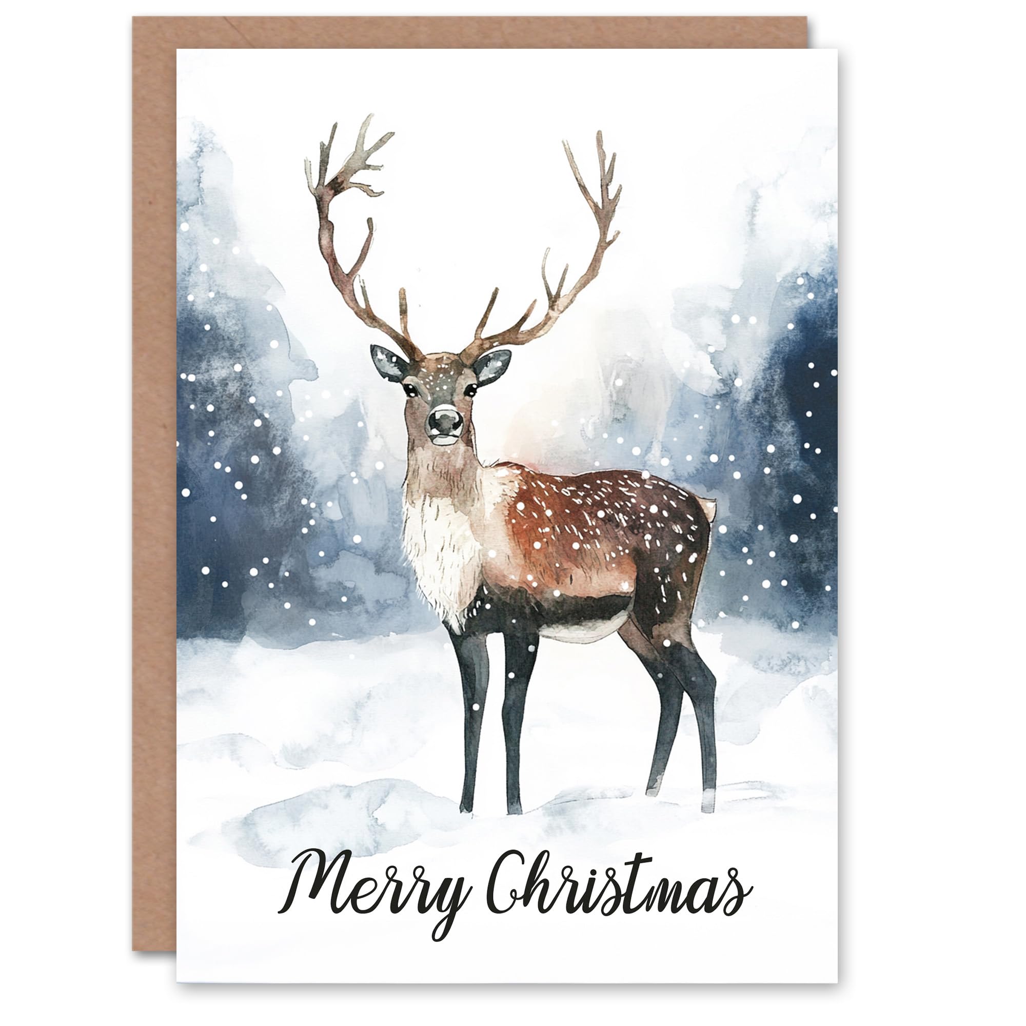 Artery8 Reindeer Misty Winter Snow Landscape Watercolour Blank For Him Or Her Art Christmas Card