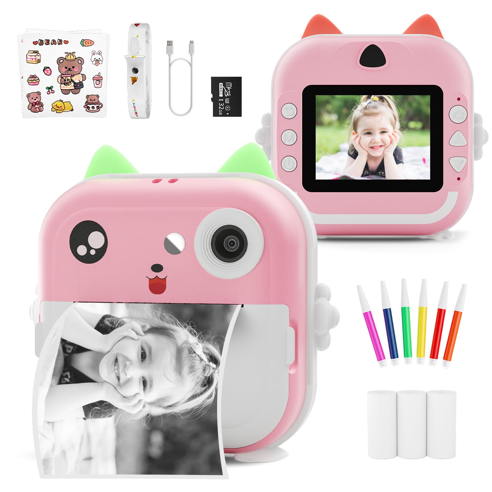 Macchina Fotografica Bambini Istantanea, Potuem 2.4 Pollici Digitale Fotocamera Bambini con 32GB Scheda TF, 6 Penne Colorate, 24MP/1080P Fotocamera Istantanea per Bambini, Regalo di Compleanno