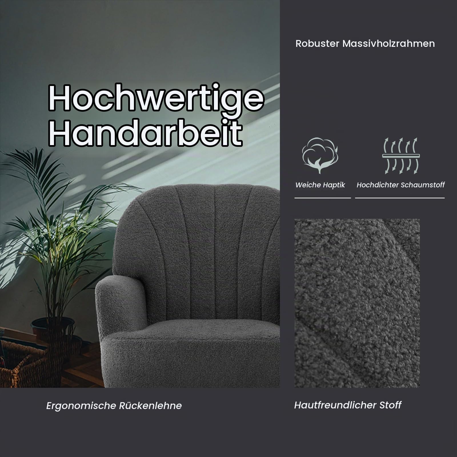 IWMH Sessel Schlafzimmer Wohnzimmer, Kunstfell Loungesessel Bequemer mit Armlehnen und Einer Seitentasche, stühle Gemütlich, polstersessel Lesesessel mit Metallbeinen (Grau)