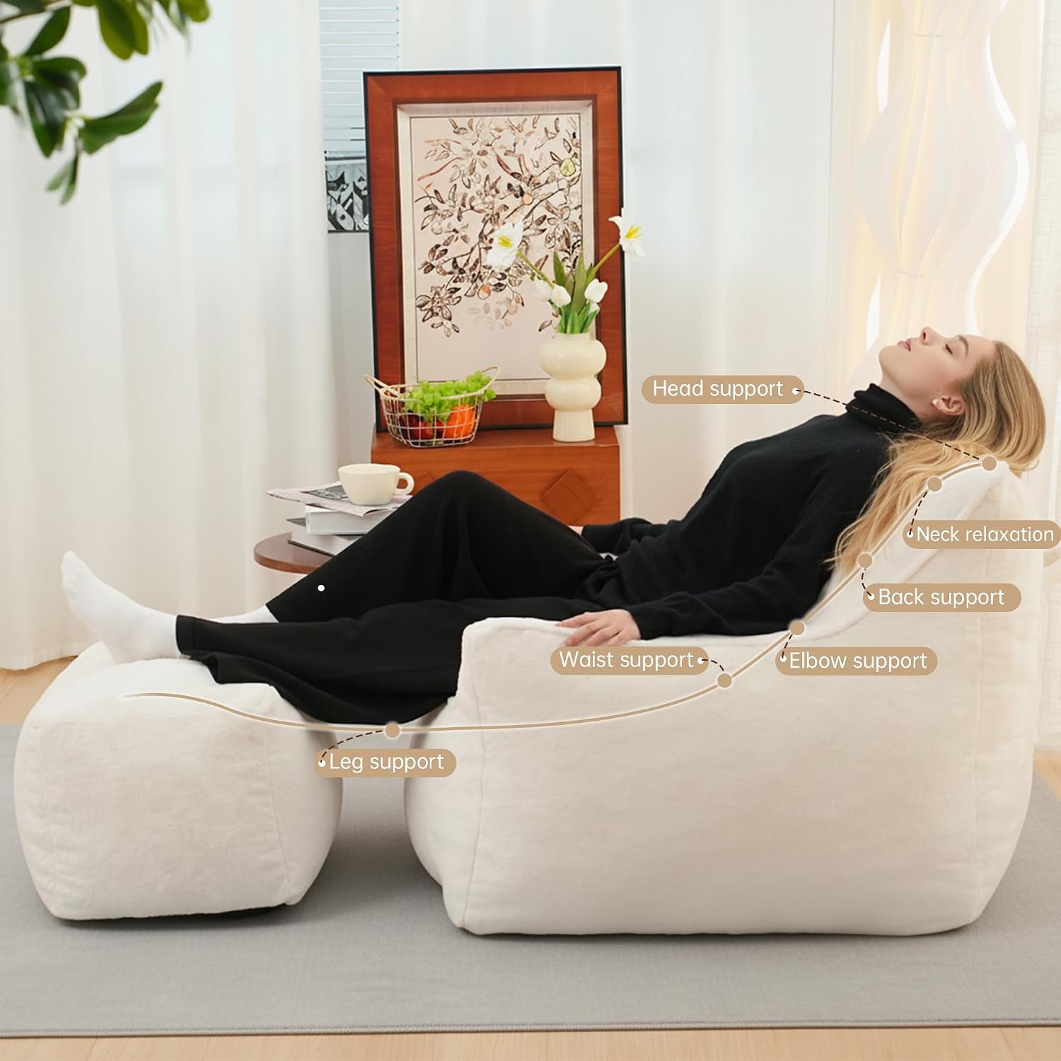Cvortll Bean Bag Chair with Ottoman, Ultra Soft Fluffy Faux Fur Bean Bag Chairs with Foot Rest, Comfy BeanBag Sofa with Memory Foam, Armchair for Living Room, Bedroom & Game Rooms (White)