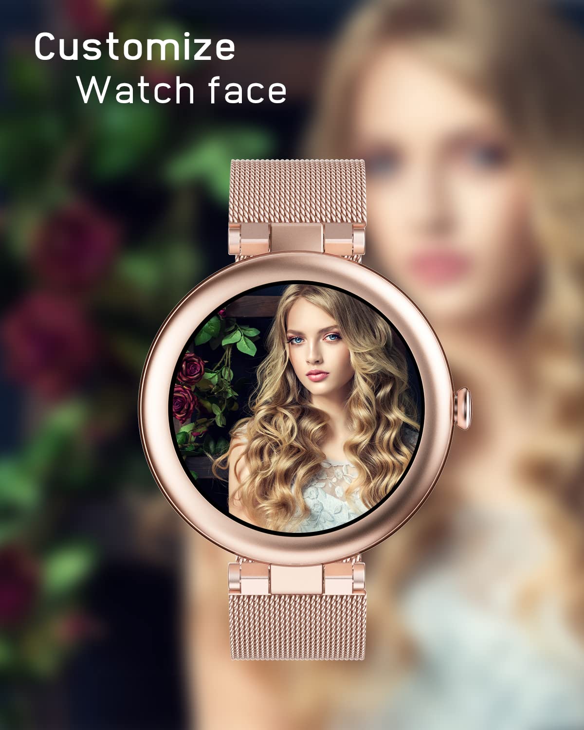 Lynn Montre Connectée Femme Bracelet Acier Ronde Petite 1,09 Pouce Smartwatch Sport Cardio Podometre Saturation Oxygène Multifonctions Or