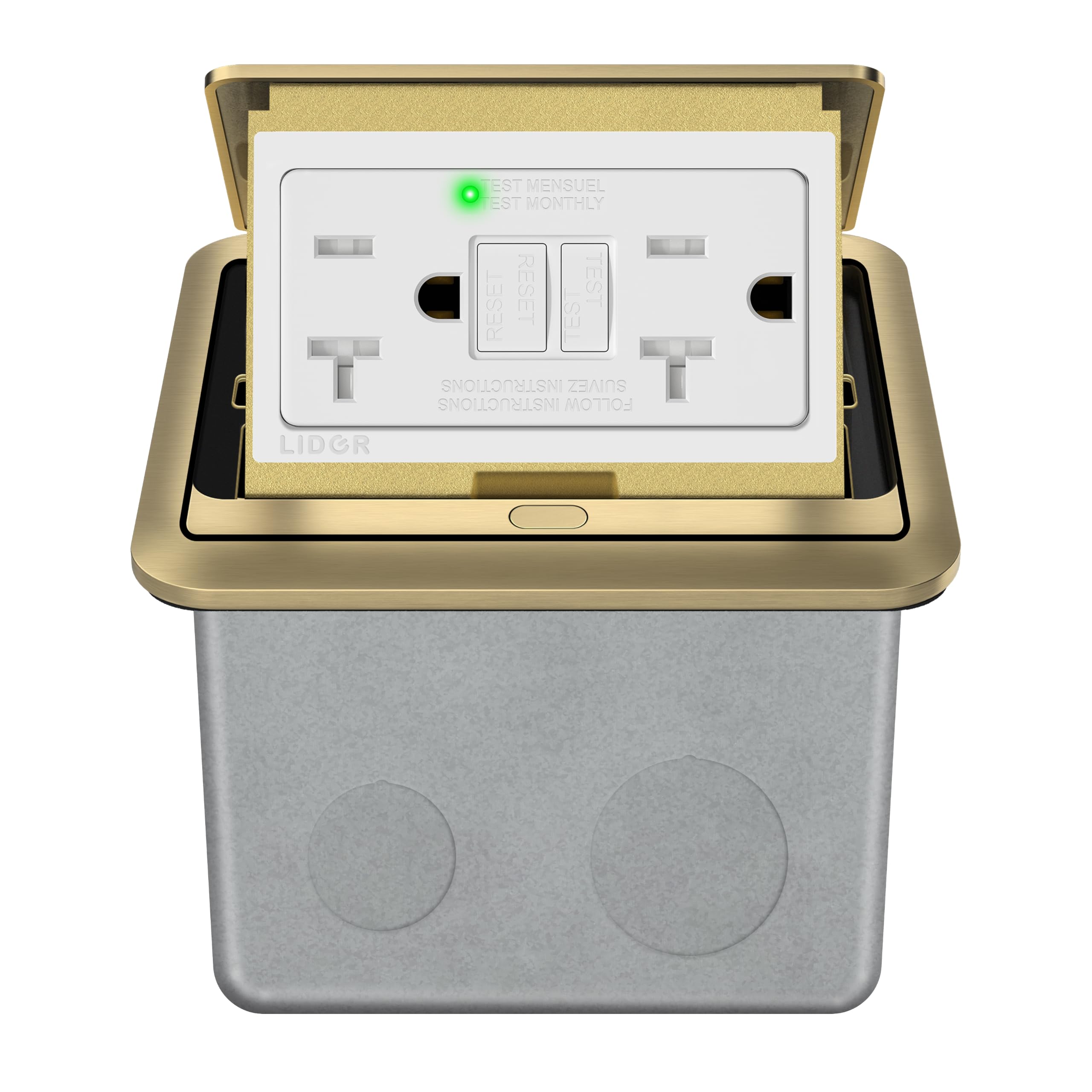 LIDER Soft Pop-Up Floor Box Kit in the open position, showing two electrical outlets