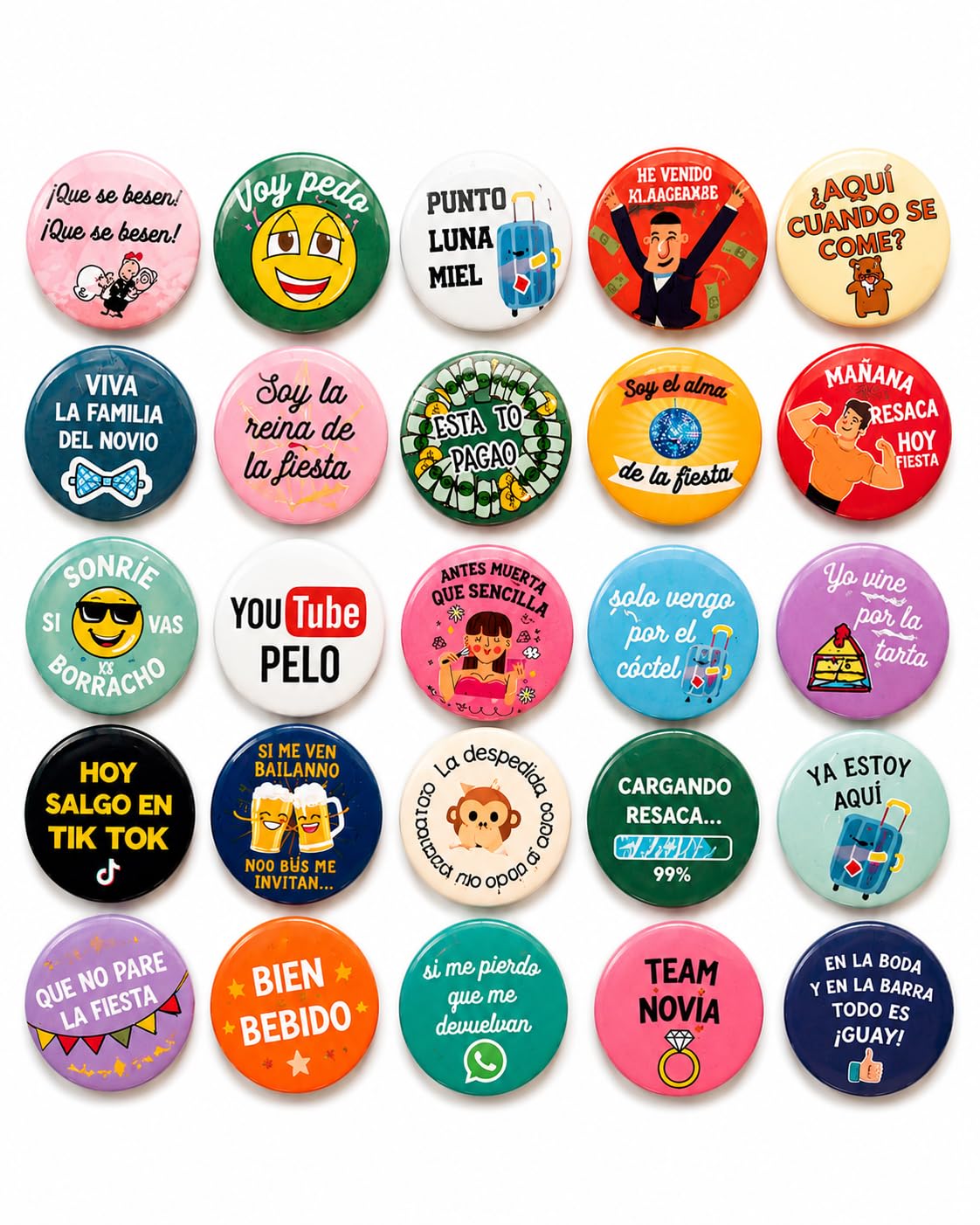 Soul Pack 50 Chapas Divertidas para Boda | Chapas con Frases Originales para Invitados | Detalle para Bodas, Photocall, Despedidas y Fiesta | 59 mm