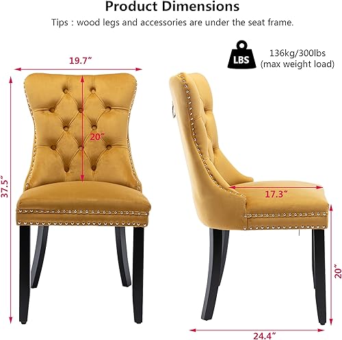 Miniatura 2 de Juego de 4 sillas de comedor de terciopelo, sillas de comedor tapizadas con ribete de cabeza de clavo, patas de madera, anillo de tracción, sillas