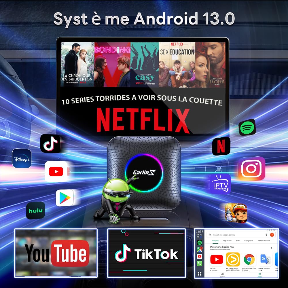 CarlinKit Wireless Carplay/Android Auto AIBox Adaptateur, adapté aux modèles CarPlay filaires, Le Produit intègre Le système Android 13.0 8+128G, Prend en Charge Youtube, Netflix, etc.