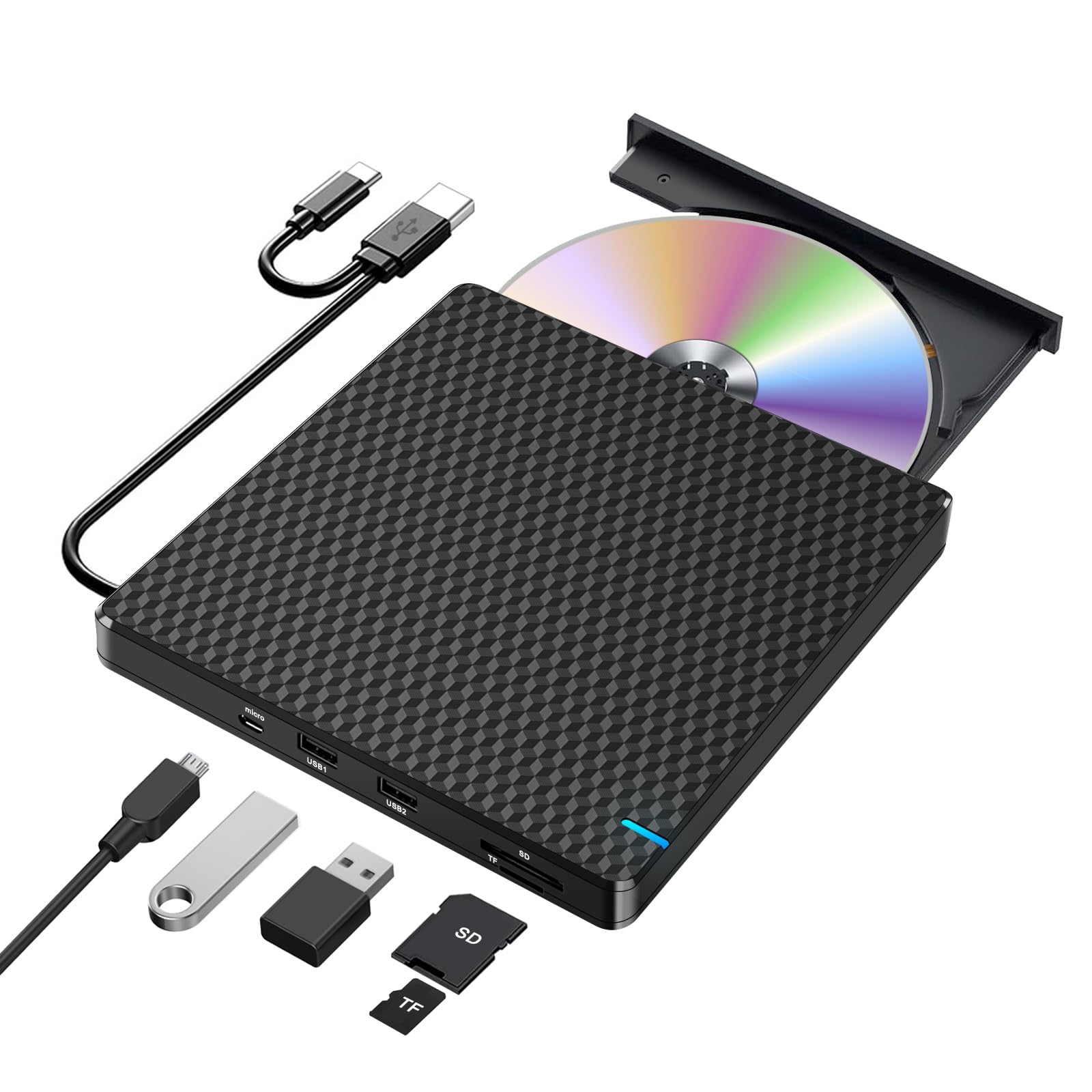 NOLYTH External CD/DVD Drive for Laptop: USB-C Slim CD Burner with SD TF 2 USB Ports - Plug & Play Portable DVD Player for Mac Macbook PC Windows 11/10