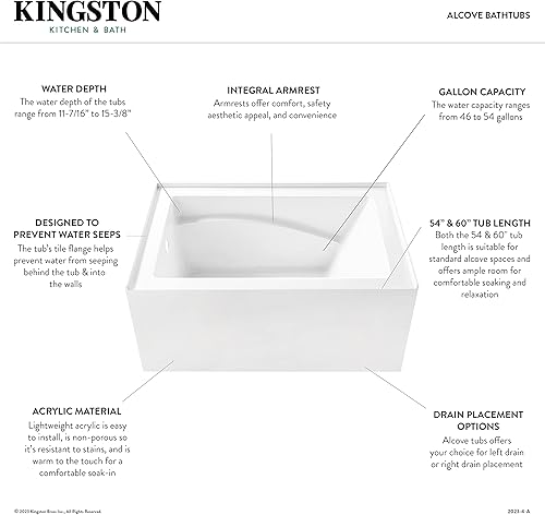 Miniatura 5 de Aqua Eden VTAM6032L22D - Tina de alcoba de acrílico antideslizante de 3 paredes de 60 pulgadas con orificio de drenaje para mano izquierda, color