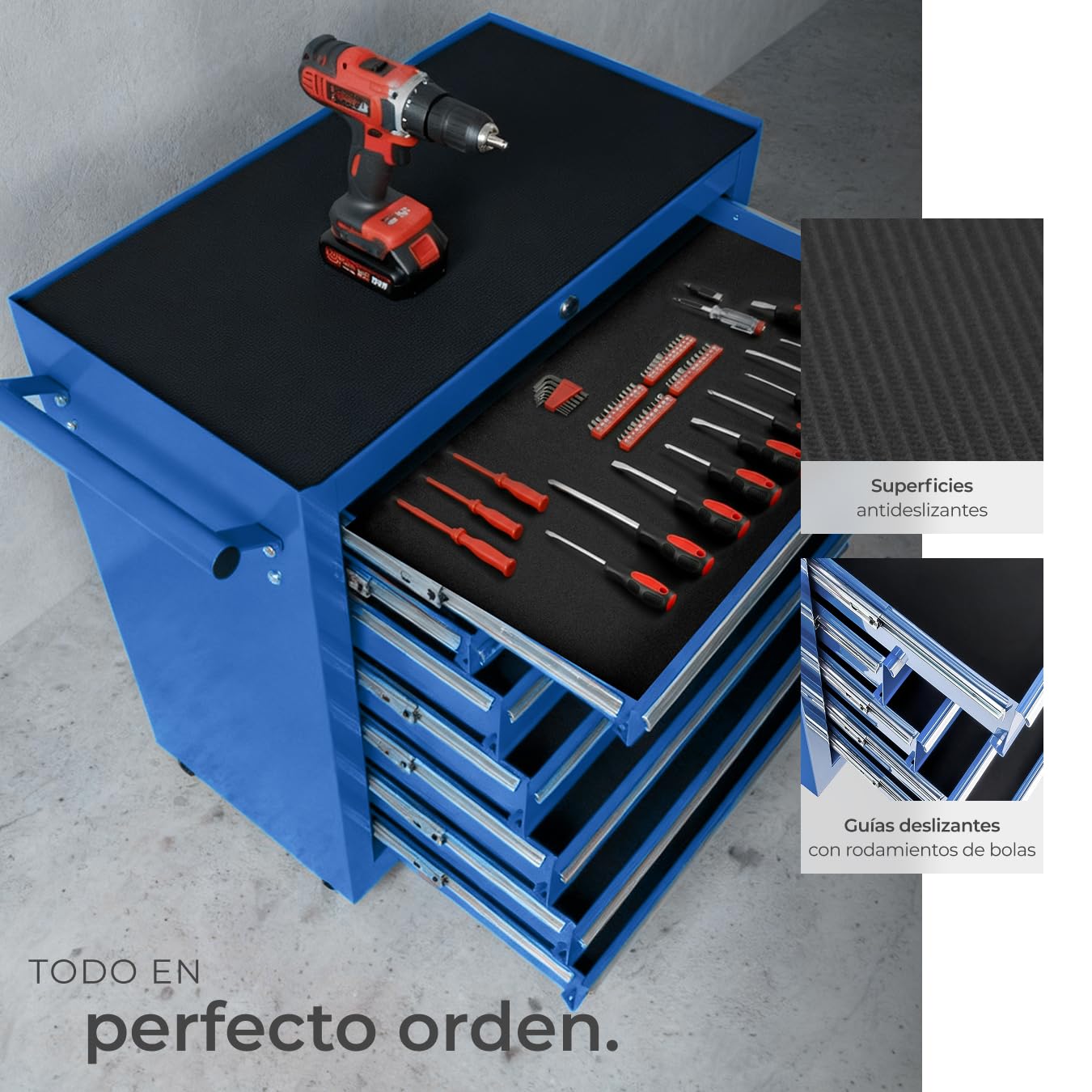 tectake ® Carrito Auxiliar con Ruedas, 7 Cajones, Revestido en Polvo, Organizador de Herramientas, Caja de Herramientas Vacía, Armario Metálico, Carro Taller, Ruedas con Freno - Azul