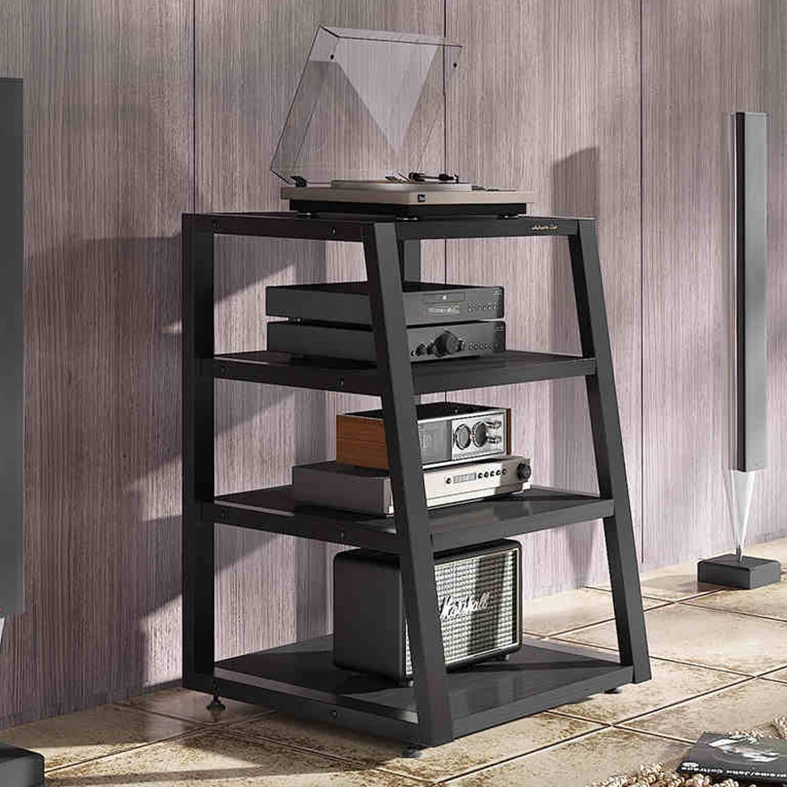 Gabinete estéreo de piso Nero para organizar el sistema de sonido del salón