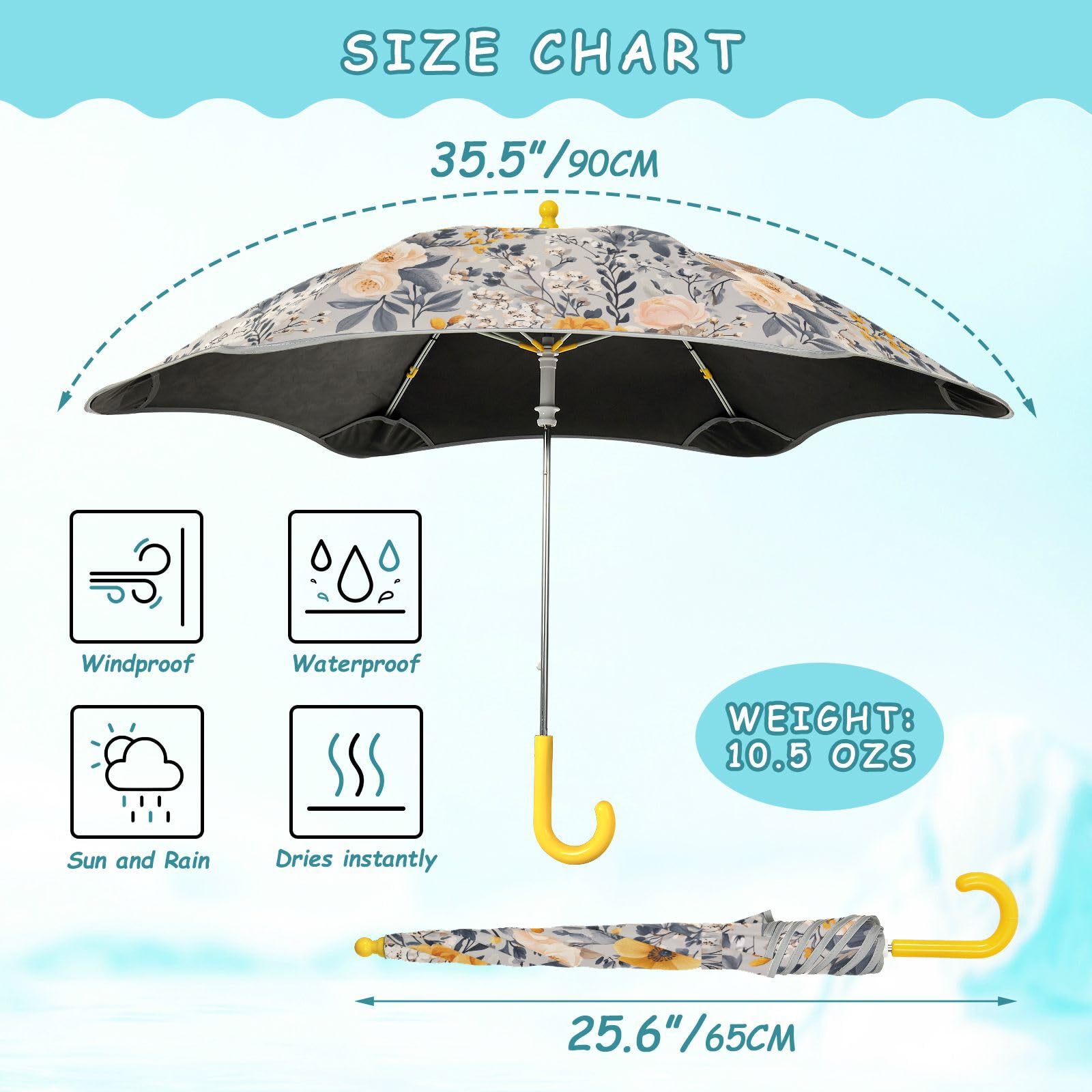 linqin Jesienne kwiaty szare parasole dziecięce parasol UV z odblaskowym paskiem bezpieczeństwa parasol z łatwym do trzymania uchwytem haczykowym dla dziewcząt i chłopców