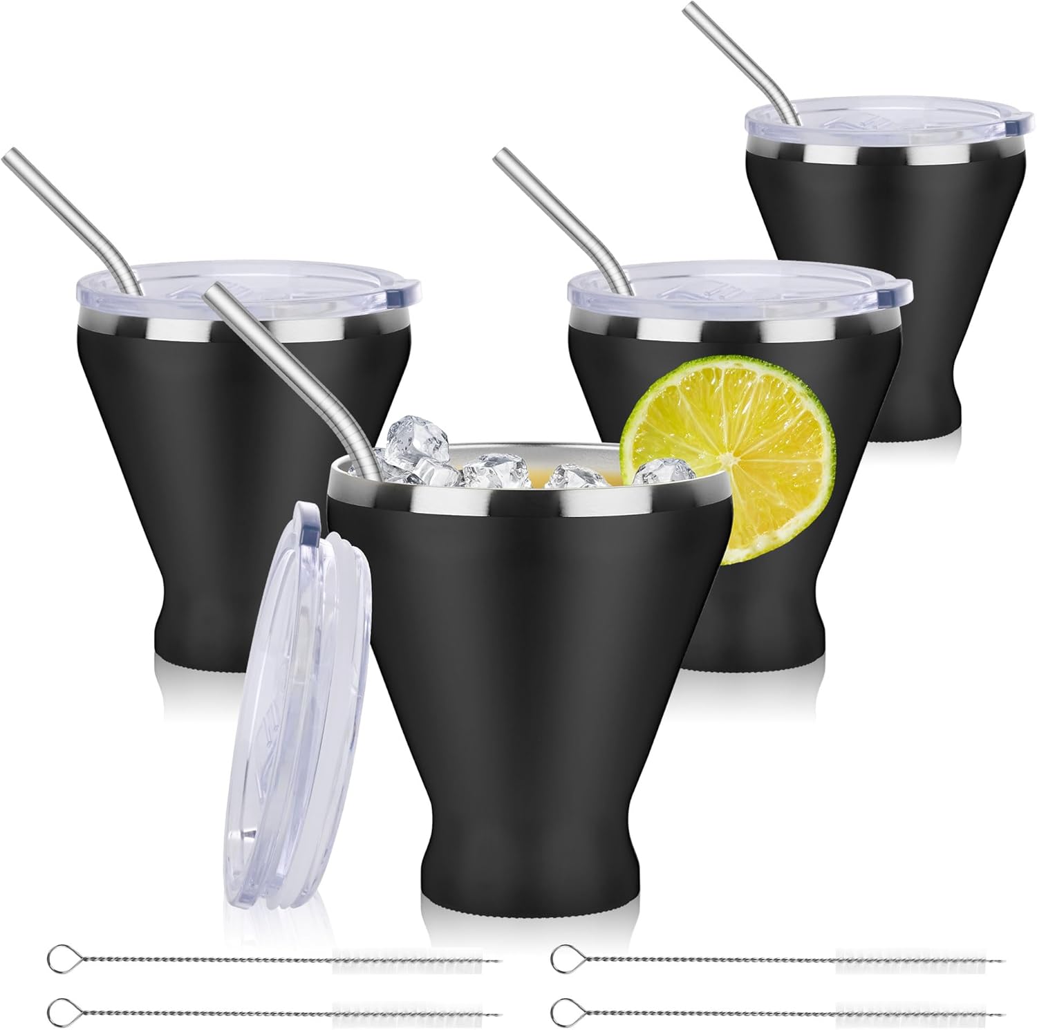 SuperCook Stainless Steel Wine Tumbler with Lid, Double Wall Vacuum Martini Glass with Straw, Insulated Stemless Cocktail Glasses Stay Icy Cold, Set of 4, 12 Oz, Black