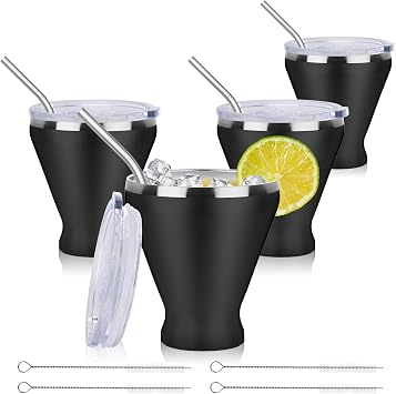 Stemless Martini Glass Set of 4, Insulated Margarita Tumbler with Lid