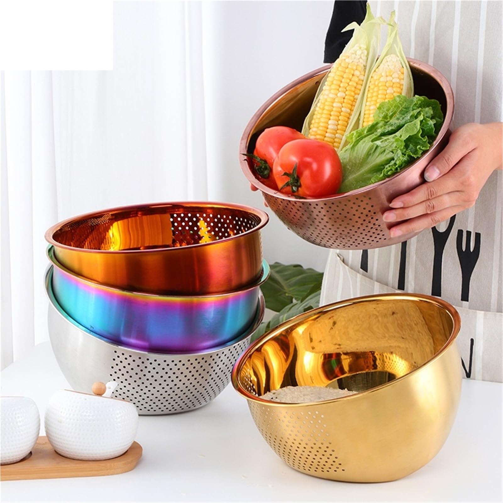 Reissieb Aus Edelstahl 1 stücke Sieb Korb Edelstahl Ablauf Reis Waschen Gemüse Obst Lagerung Premium Küche Feine Mesh(Color2)