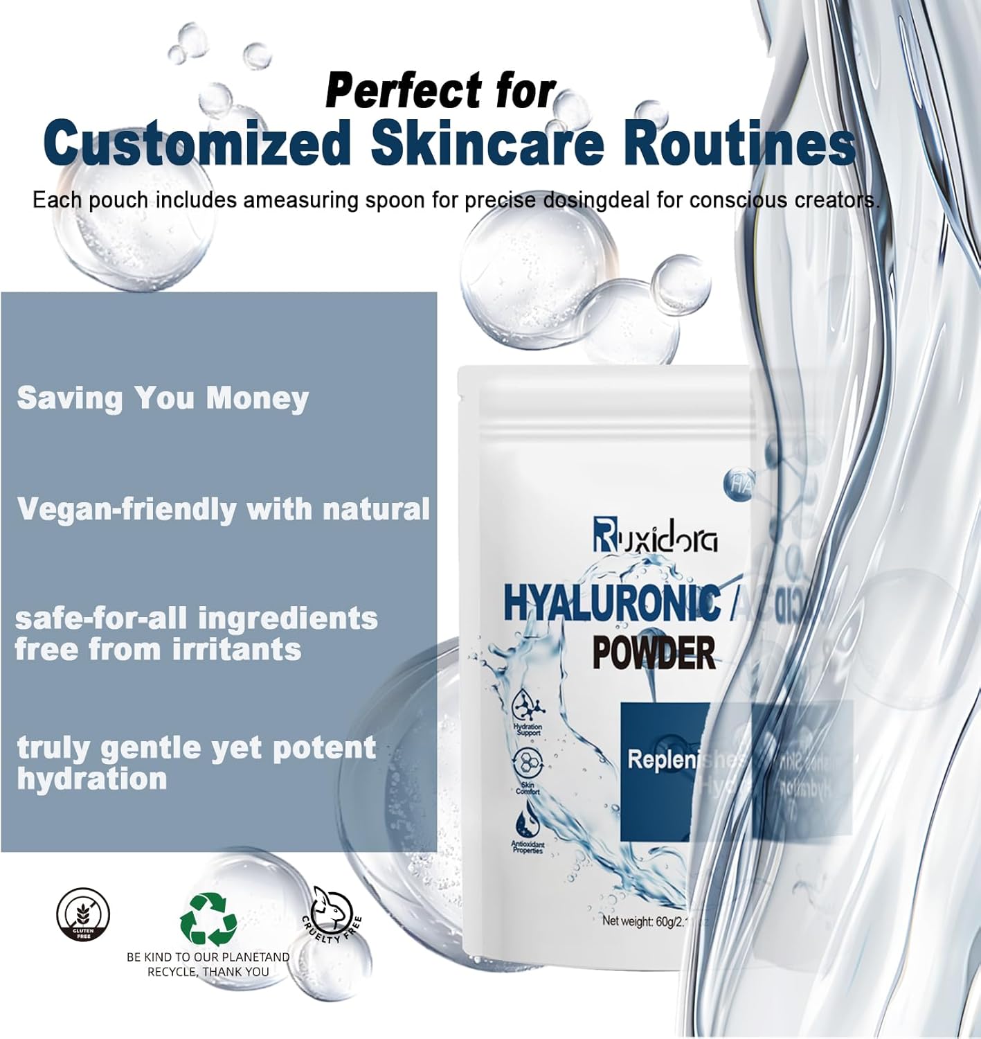 Pure Hyaluronic Acid Powder for Skin & Face (Sodium Hyaluronate) - Low Molecular Weight, Cosmetic Grade DIY Serum Ingredient for Deep Hydration, Acido Hialuronico en Polvo-Includes Scoop-60g(2.12oz) - Image 5