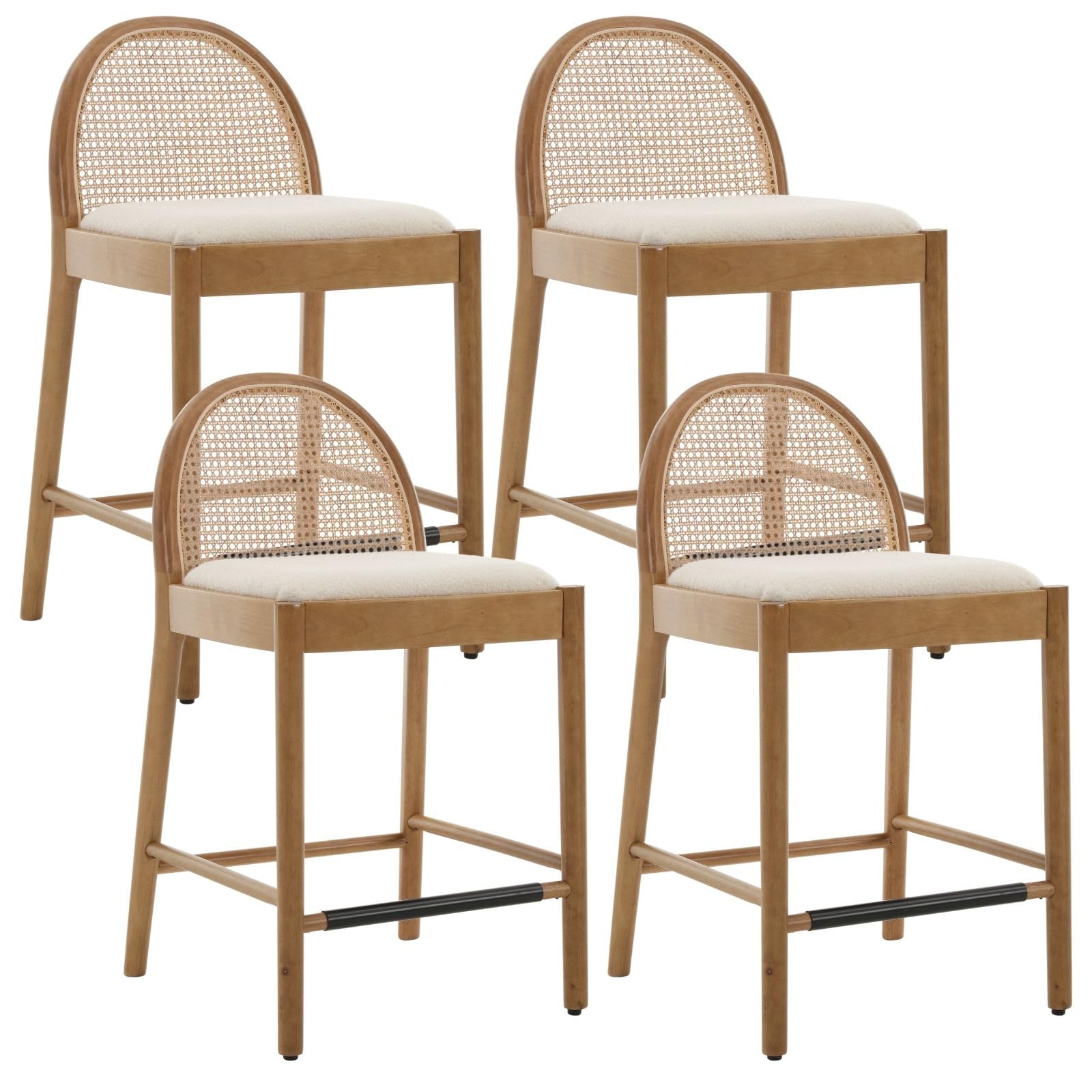 DUOMAY Modern White Rattan Counter Stools Set of 4, 26 Inch Height - Wooden Boucle Upholstered Bar Stools Barstool with Oval Rattan Backrest - Armless