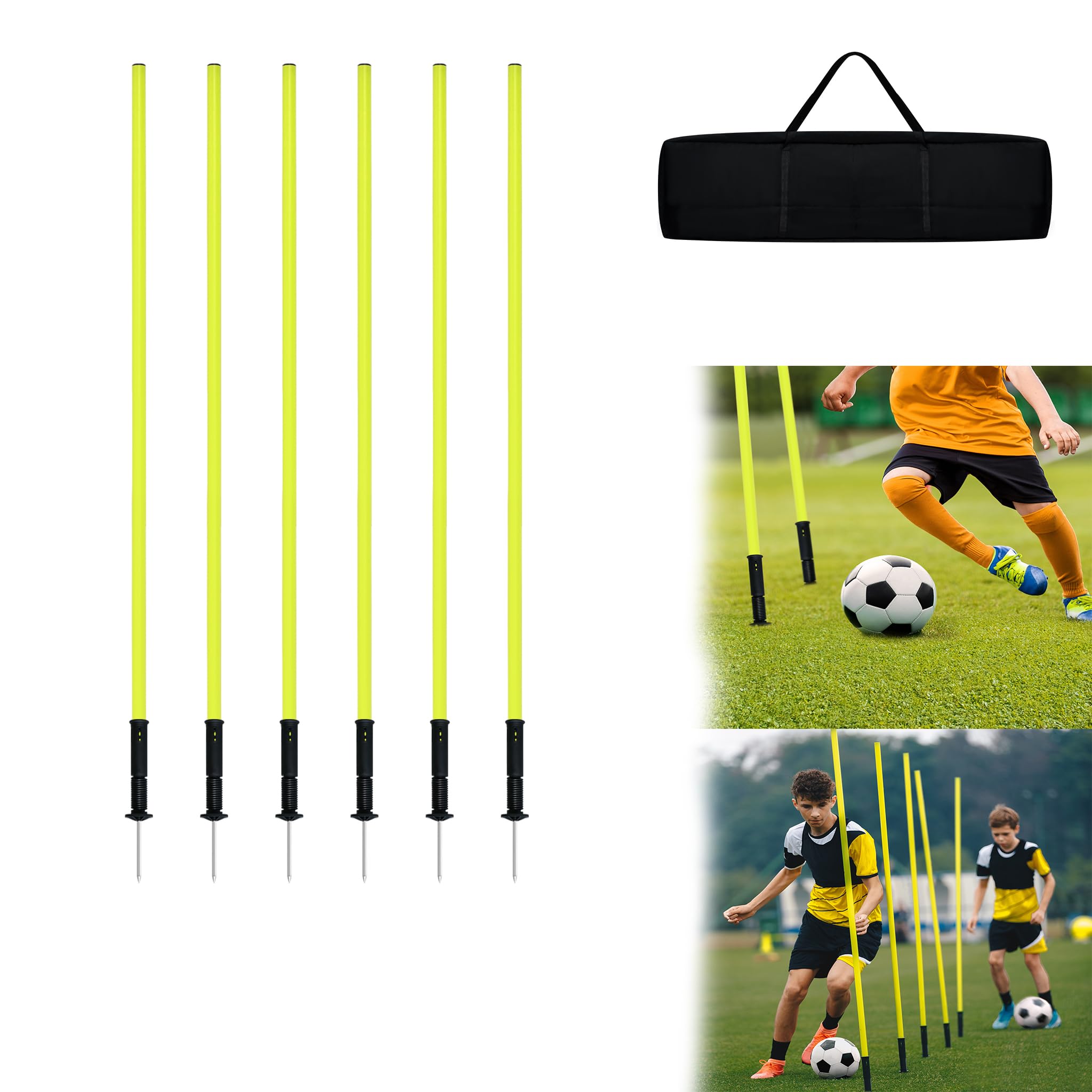 6er-Set Slalomstangen Set Trainingsstangen 150/180cm Slalom Poles Fussball Set Agilität Stangen mit Erdspieß und Tragetasche Agilität Stangen für Koordinationstraining Fußball Slalom