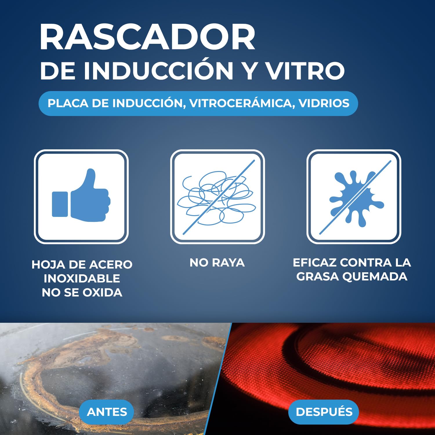 STARWAX – Rascador para placas de vitrocerámica e inducción con cuchilla de recambio de acero inoxidable – Elimina restos de comida y grasa quemada – No raya