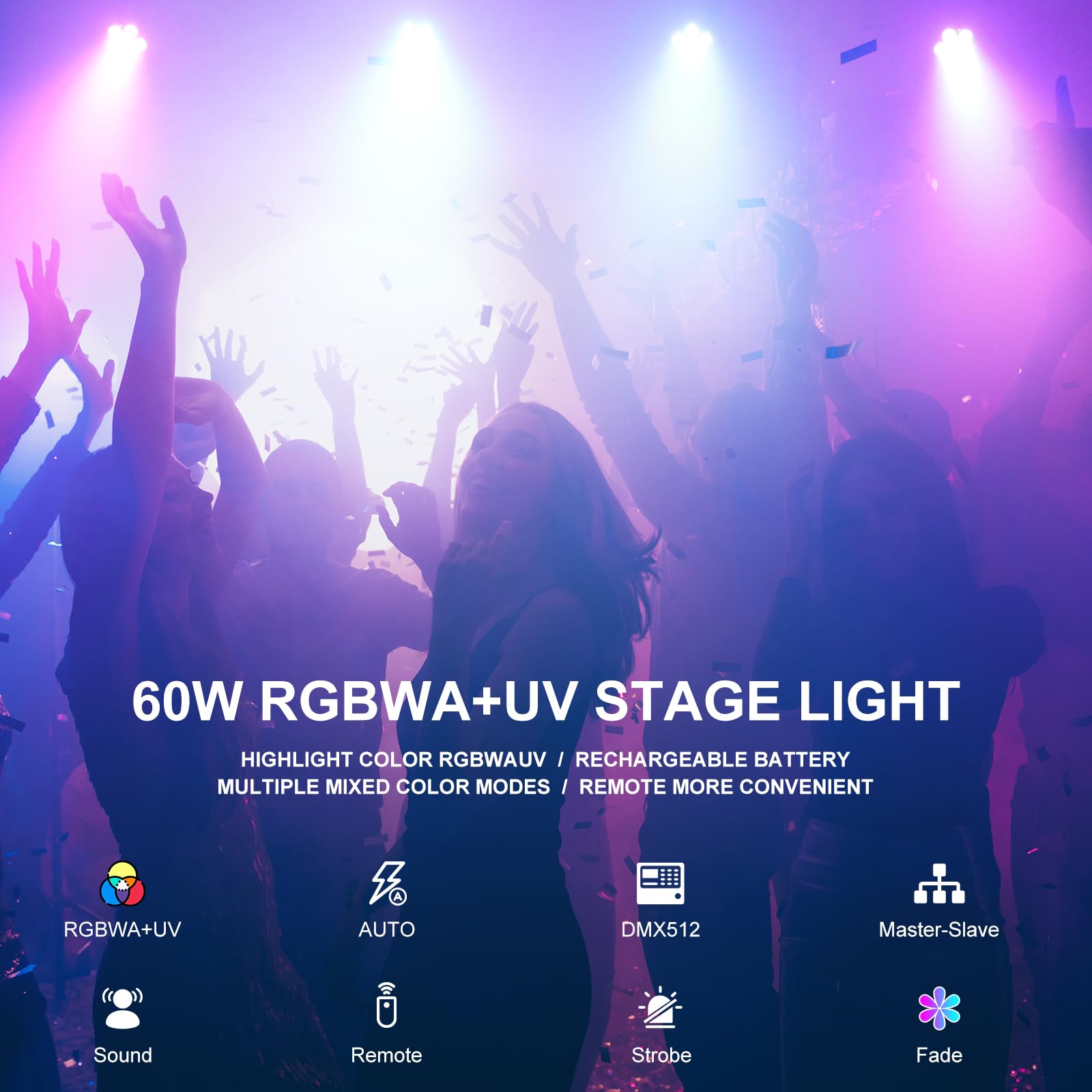 60W Proiettore LED Par Ricaricabile con Borsa e Telecomando, RGBWA+UV 6 LED per Palcoscenico, DMX512, Luce da Festa per DJ, Disco, Live, Matrimonio, Indoor, Outdoor, Sala Espositiva