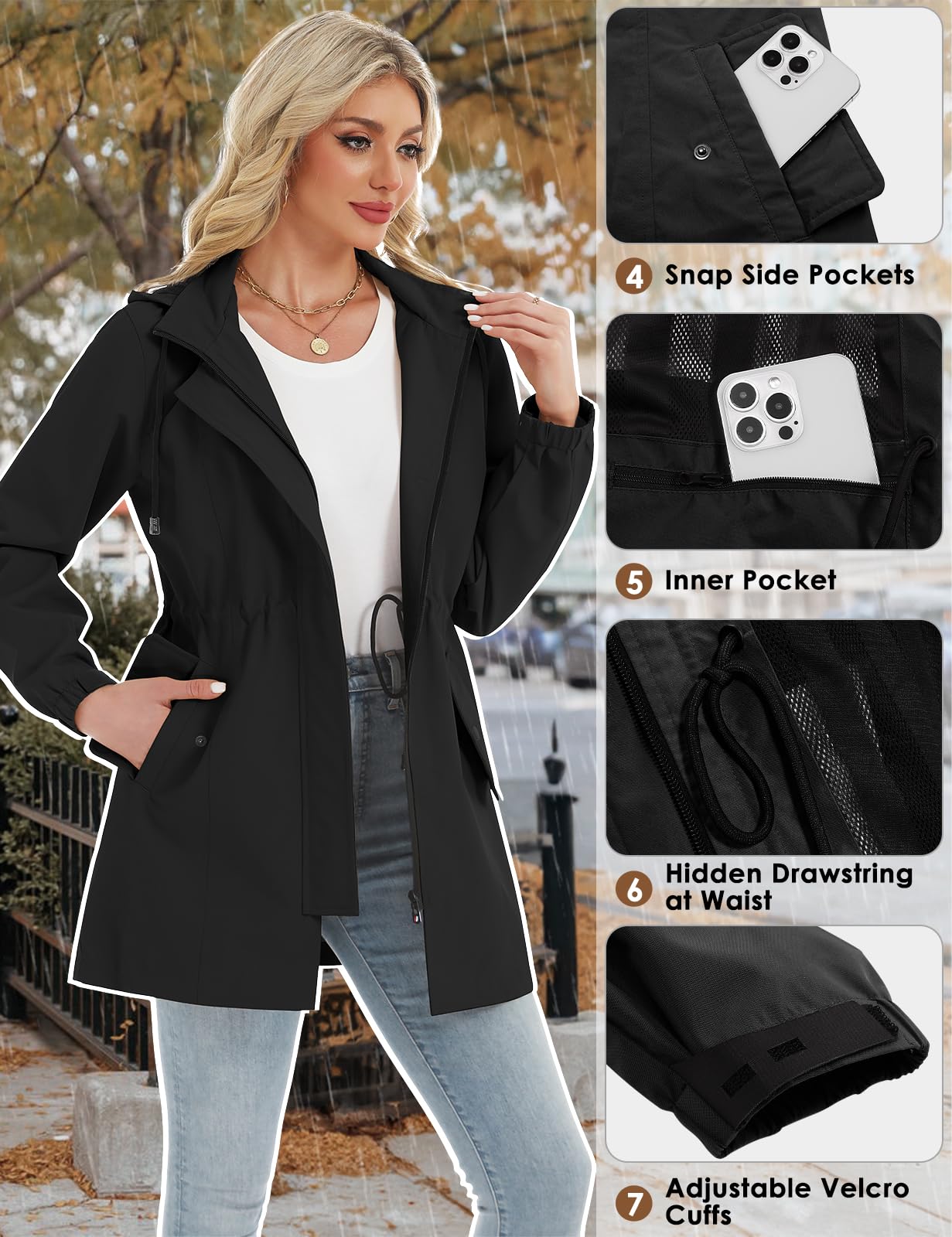 CMTOP Chubasquero Mujer Impermeable Chaqueta Cortavientos Aire Libre Cazadora Ligero Transpirable Abrigo a Prueba de Viento y Agua, Exteriores Gabardina Raincoat Lluvia con Capucha