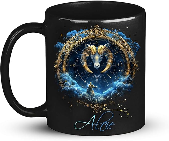 Personalized Name Aries Zodiac Mug, Custom Aries Design Coffee Cup, Customized Astrology Lover Mug 11oz 15oz, Zodiac Themed Black Cup, Horoscope Sign Ceramic Mug, Gift For Birthday