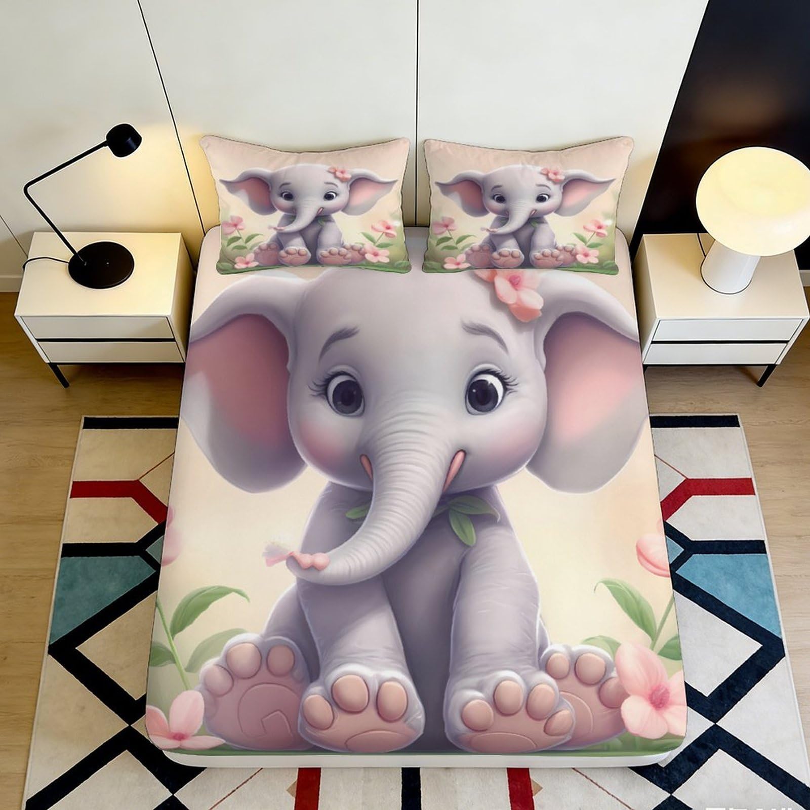 3D Printed Cartoon Elephant Fitted Sheet Microfiber Deep Pocket Bedroom Bedding Cartoon Elephant Mattress Fitted Cover Washable 200x200x25cm 90x200x25cm