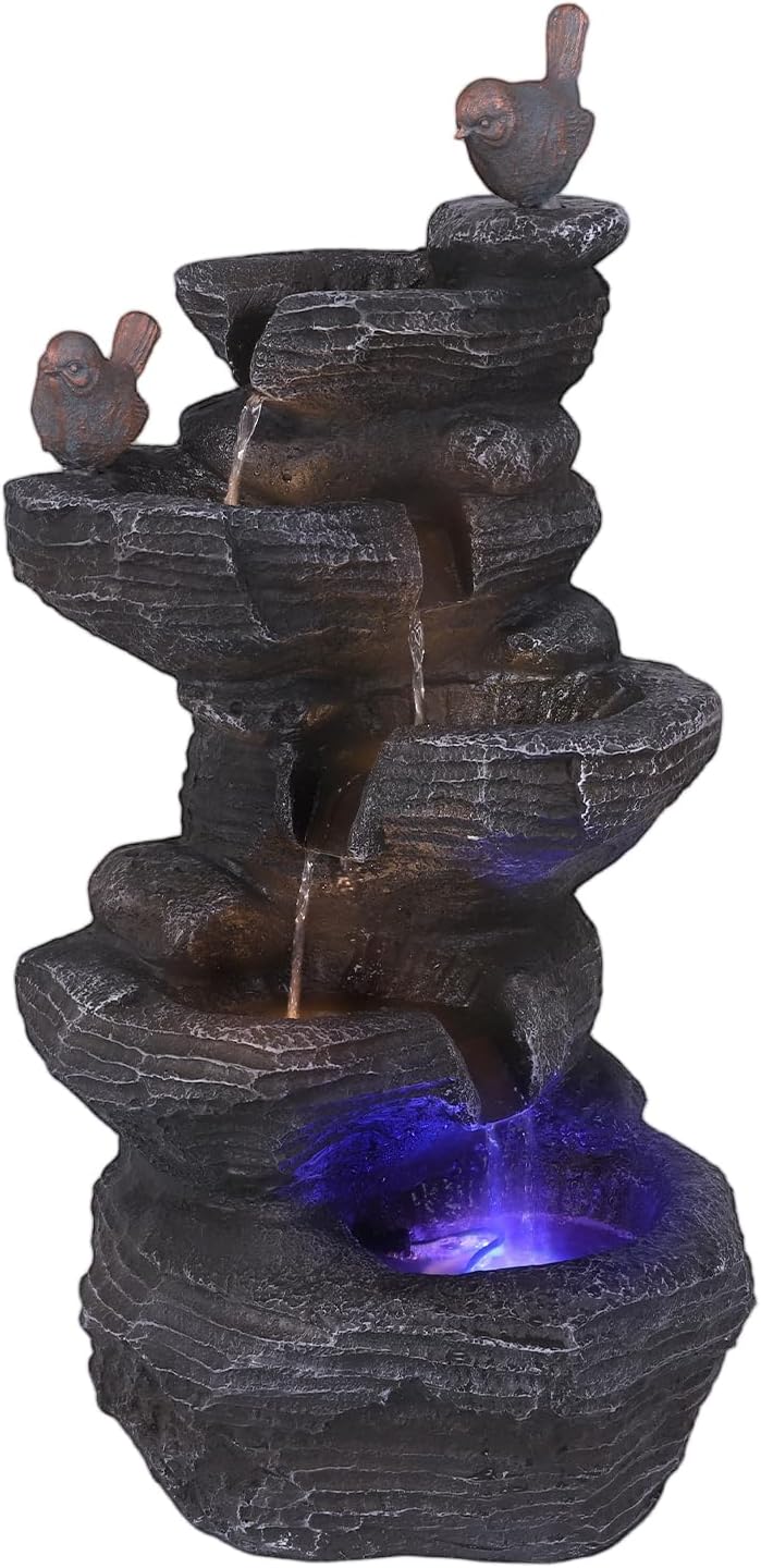 5-Tier Cascading Rock Water Fountain Outdoor with LED Lights Tabletop Fountain for Home Office, Indoor/Outdoor Decor for Garden, Patio, Backyard