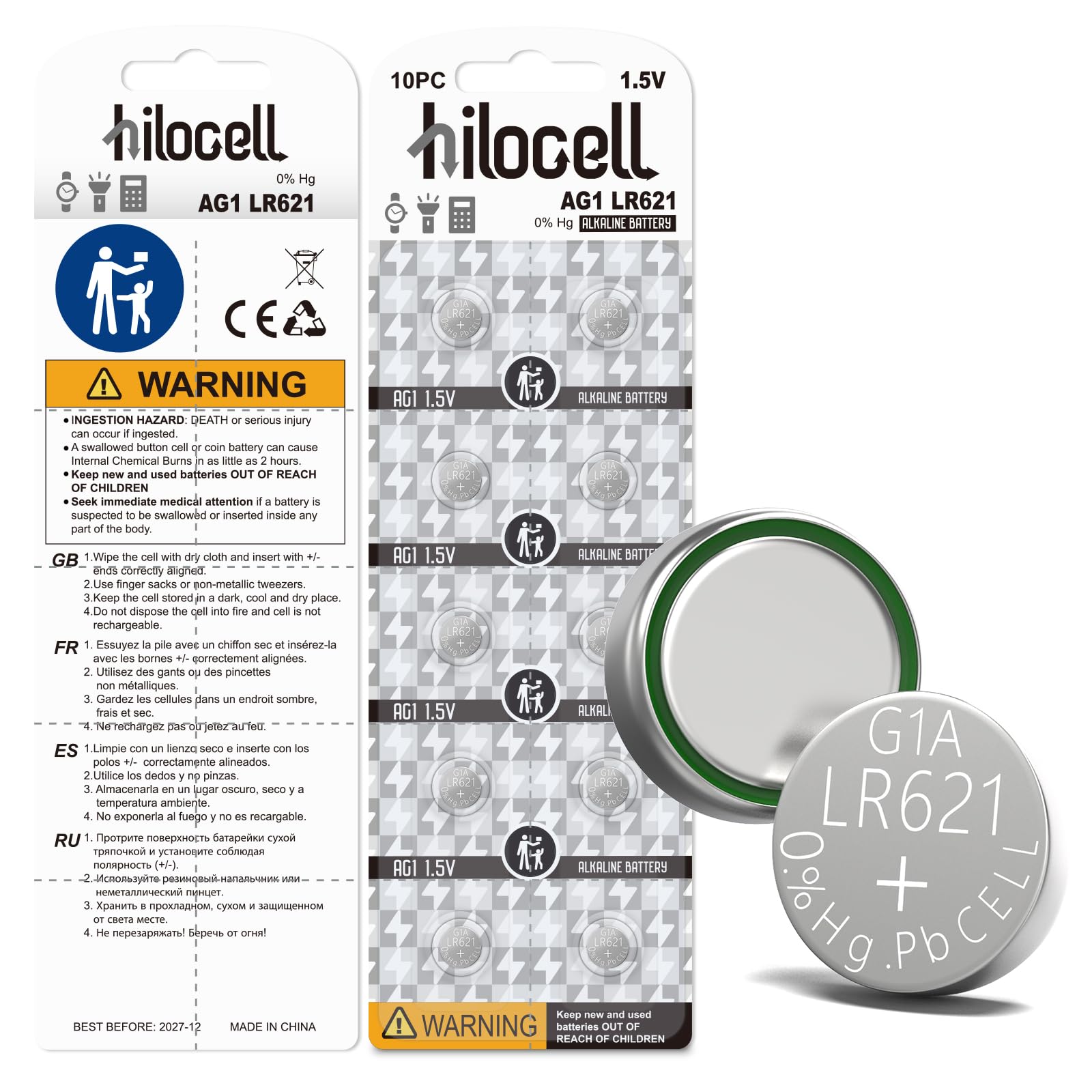 hilocellhilocell 10 Pack SR621SW 364 Watch Batteries, 1.5V 164 363 AG1 Button Cell Battery