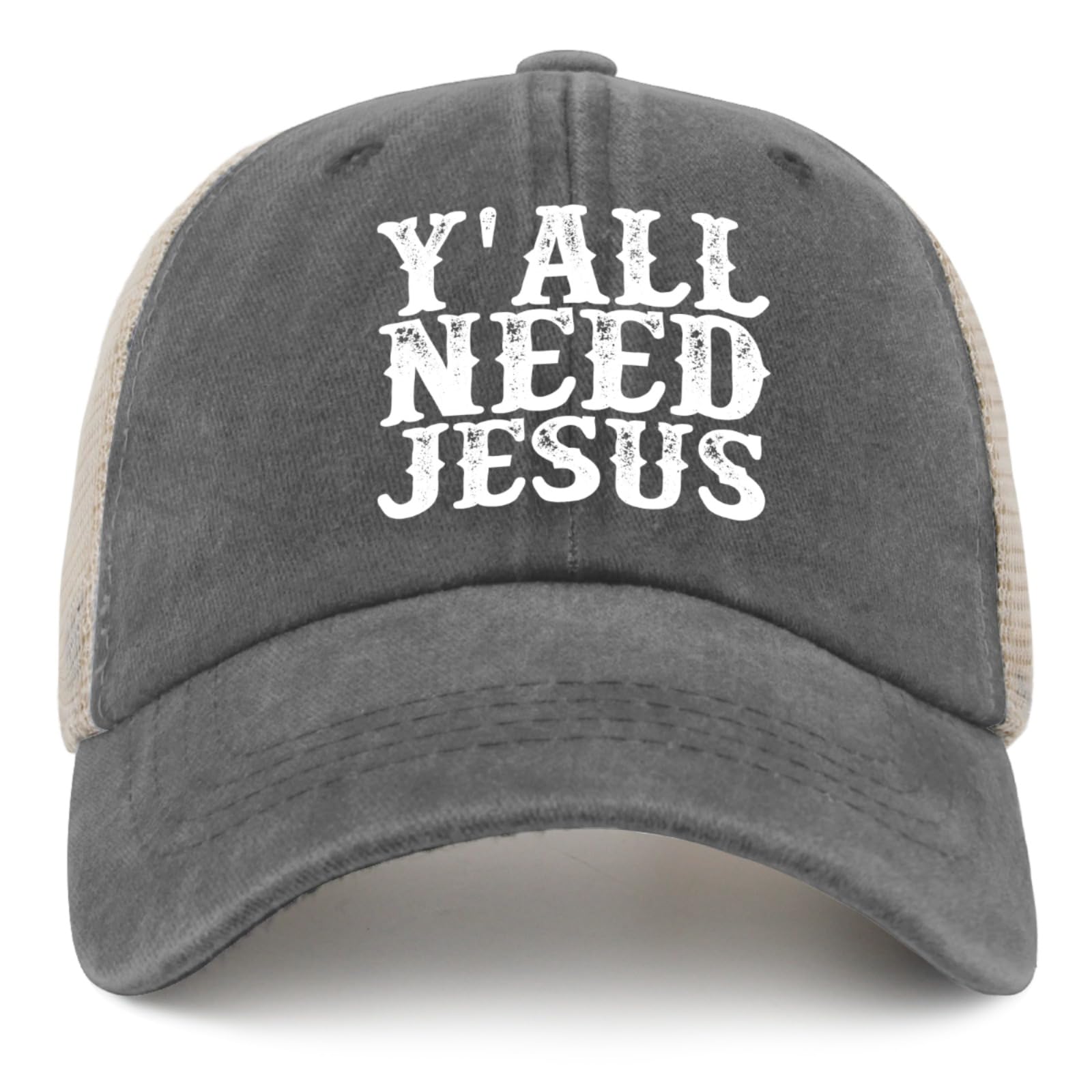 Beixbe Unisex Gray Y'all Need Jesus Hat Trucker Hats Women Vintage Mesh Cap For Fall, One Size