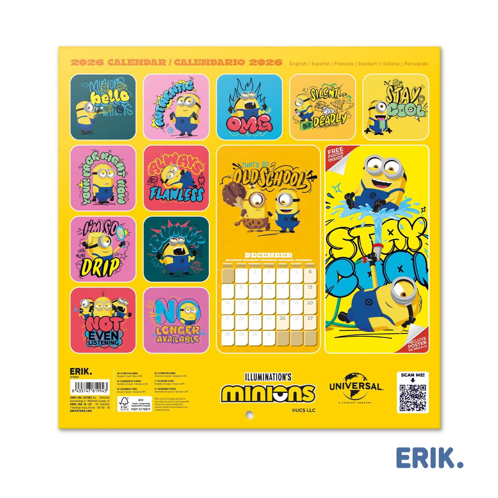Grupo Erik Wall Calendar 2026 - Minions Calendar 2026 | Square 30 x 30 cm - 12 x 12 inches Wall Planner, Family Planner Month To View | Minions Gifts, Minion Gifts For Friends