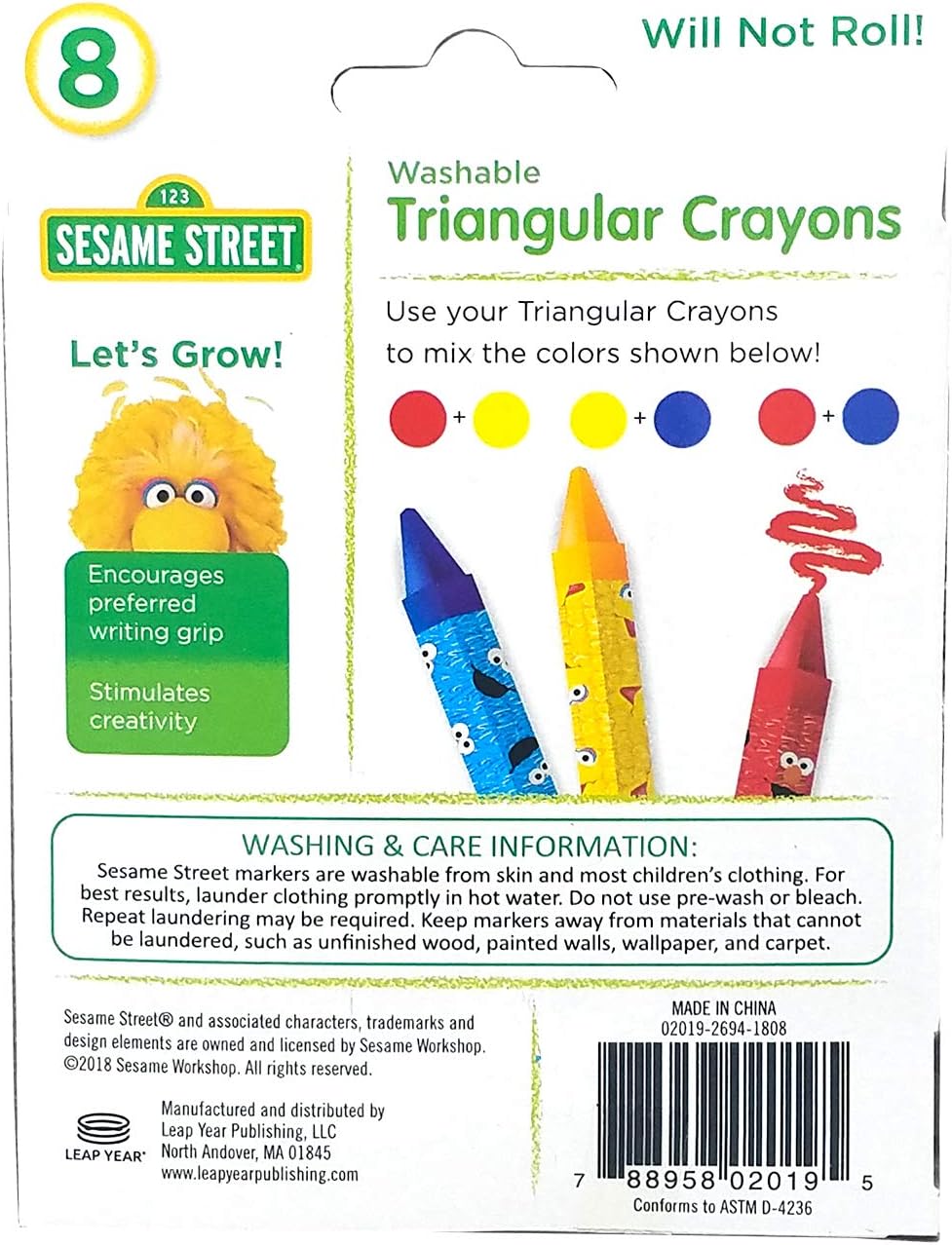 Sesame Street 8 Count Washable Triangular Crayons for Toddlers and Kids, Will Not Roll, Assorted Colors, Great for Classrooms
