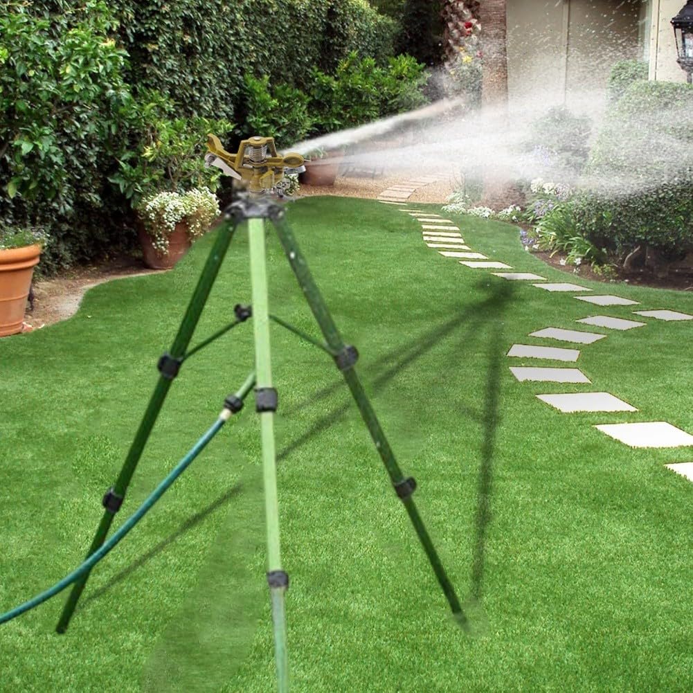 Green Garden - Aspersor de jardín con trípode resistente, cabezal de riego de aleación de aluminio ajustable de 360 grados para el cuidado del césped, agricultura y sistemas de riego a gran escala