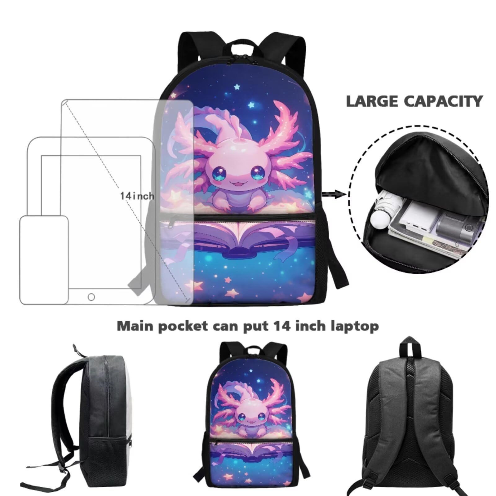 4 in 1 Schulset Kawaii Rucksack mit Lunchbox für Jungen Mädchen Alter 5-12, Axolotl Book, Tagesrucksäcke