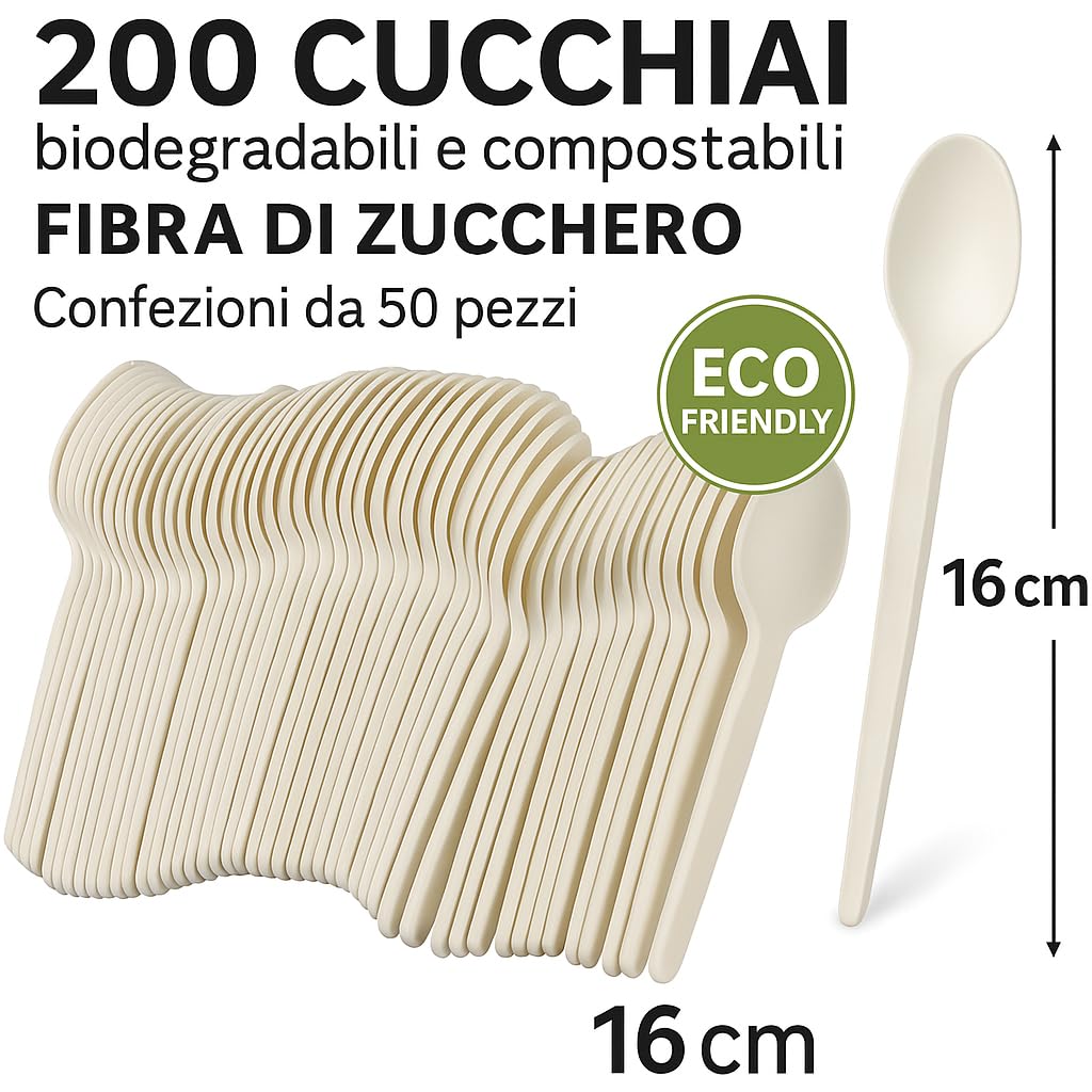 200 Cucchiai biodegradabili e compostabili Bianche Posate in Fibra di Zucchero Confezioni da 50 Pezzi stoviglie bio Eco Friendly (200 cucchiai)