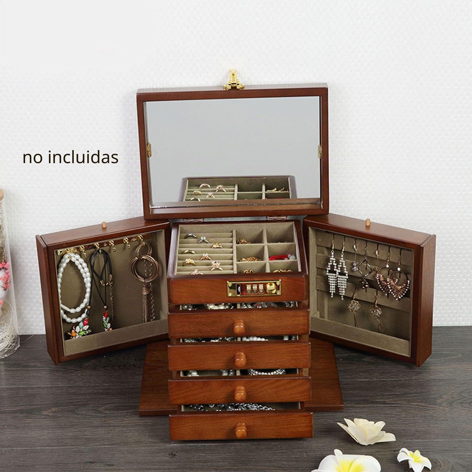Joyero de 5 capas, caja de madera, grande, para collares, pendientes, anillos, gafas de sol, relojes, joyas en el dormitorio, baño, regalos, 27,5 x 19,1 x 22,9 cm, marrón