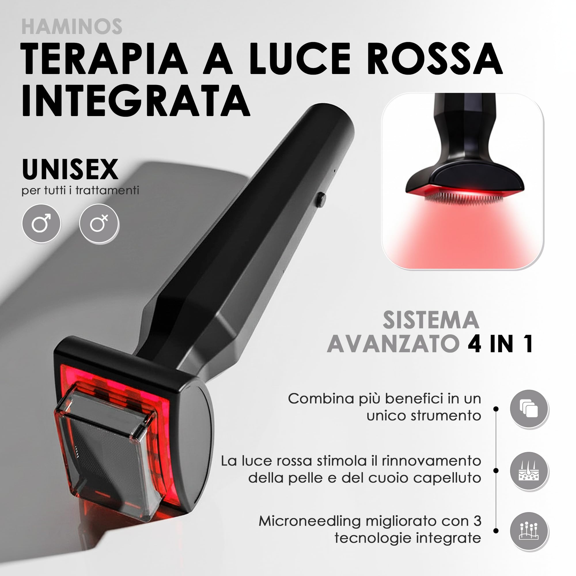 Derma Stamp 0,25 mm per Cuoio Capelluto e Pelle, Dispositivo Microneedling 4 in 1 con 2 Testine ad Aghi, Luce Rossa, Microcorrente, Vibrazione, Ricaricabile USB-C
