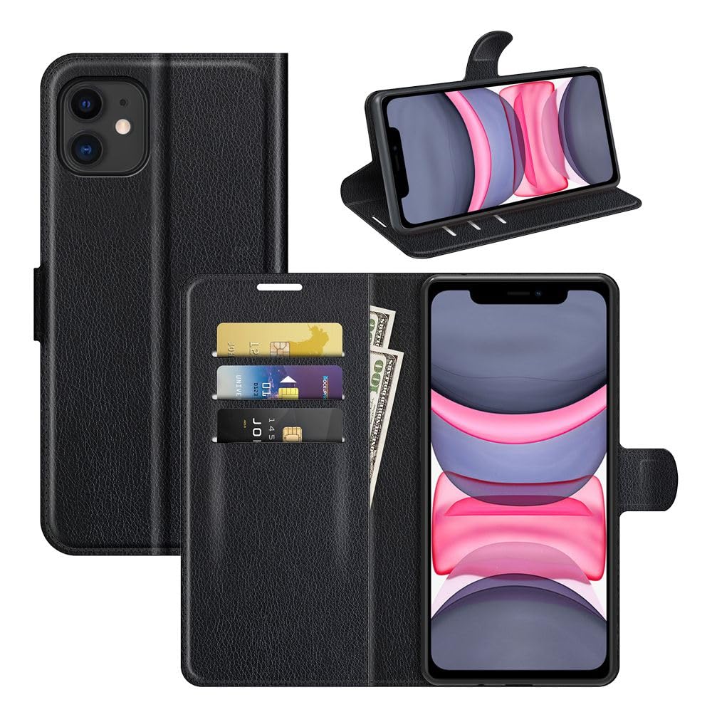 TURTLE® PU Leather Wallet Phone Case for Apple iPhone 11 Book Flip Folio Kickstand Card Holder Magnetic Cover Shockproof Shell - Black