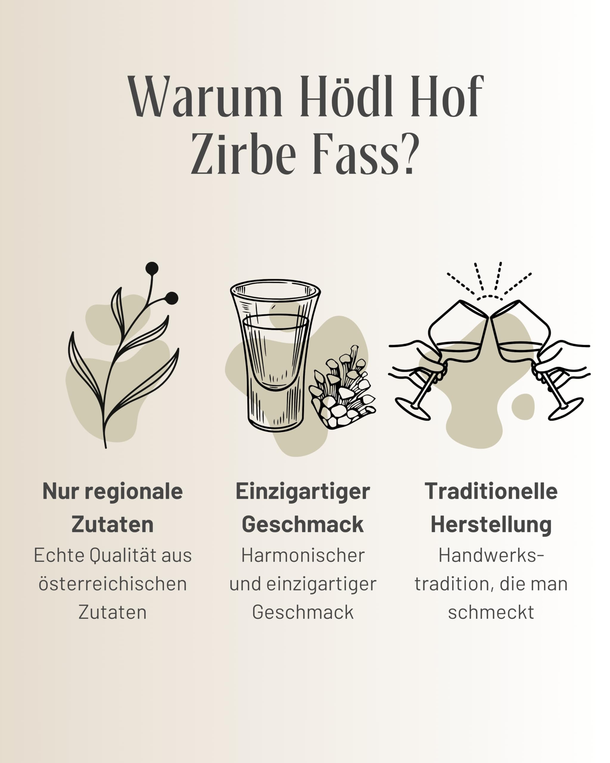 Hödl Hof Zirbe Fass 1,0L I Zirbenschnaps aus steirischen Zirbenzapfen I im Holzfass gelagert I Zirbenschnaps aus hochwertigen Zutaten I Feiner Zirbenlikör aus dem Eichenfass I Edle Spirituose 38% vol