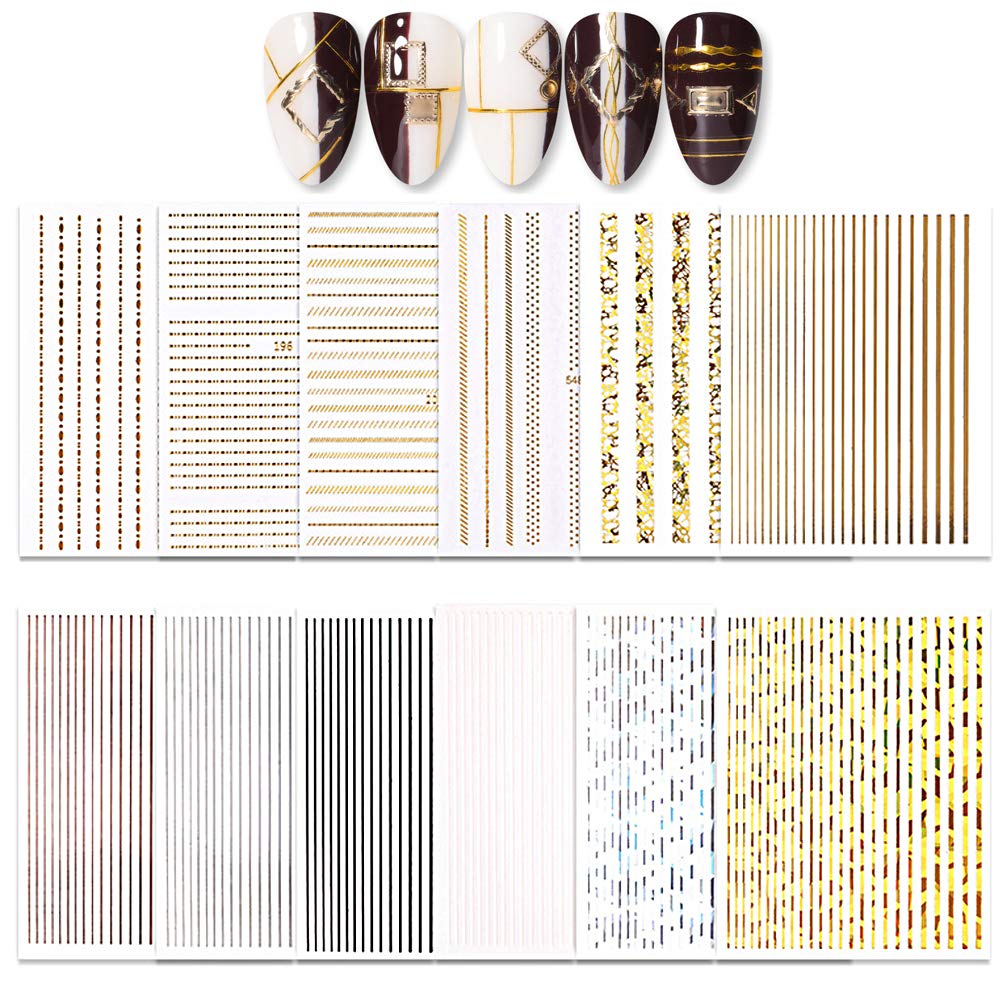 JAKSSO 12 Sheets 3D Metallic Nail Stickers for Women Gold Silver Nail Decals Chains Stripe Lines Adhesive Nail Art Stickers for Acrylic Nails Manicure DIY and Nail Salon