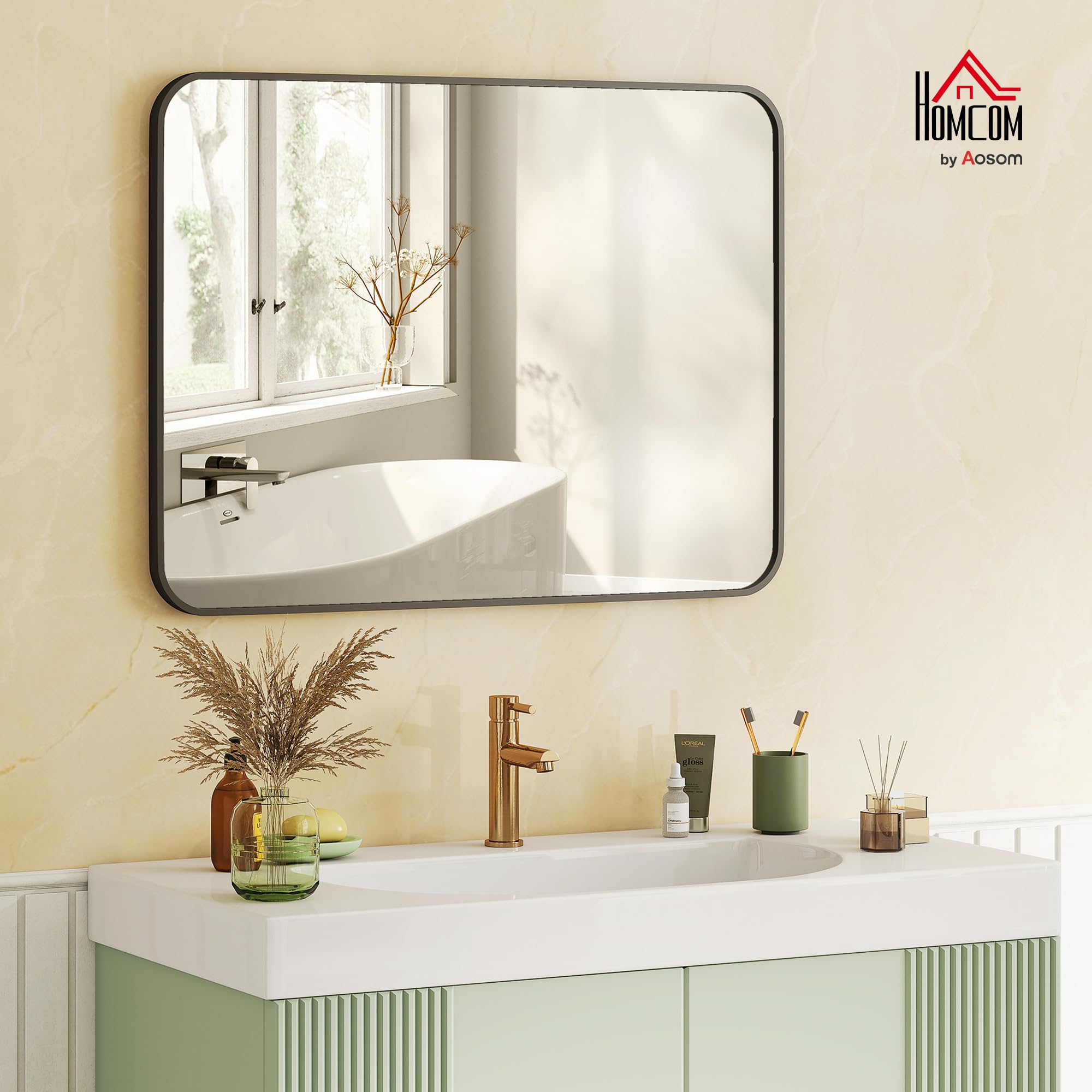 HOMCOM Espejo de Baño 60x90 cm Decorativo con Marco de Metal Negro | Espejo de Pared, con Gancho, Fácil Instalación, para Salón Entrada Pasillo