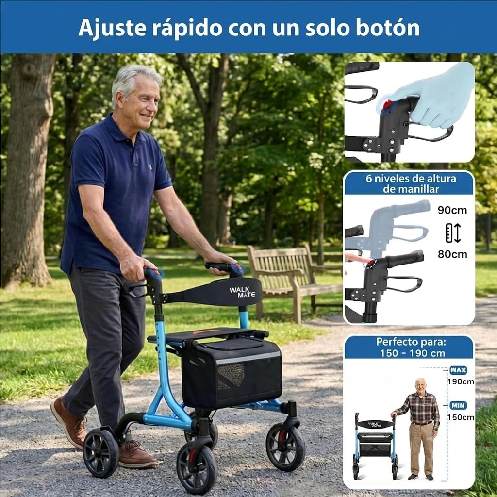 WALK MATE Andador para Ancianos Plegable y Ligero con Asiento - Altura Ajustable, Aluminio, Portavasos, Andador Delgado para Interior y Exterior, 6,7kg