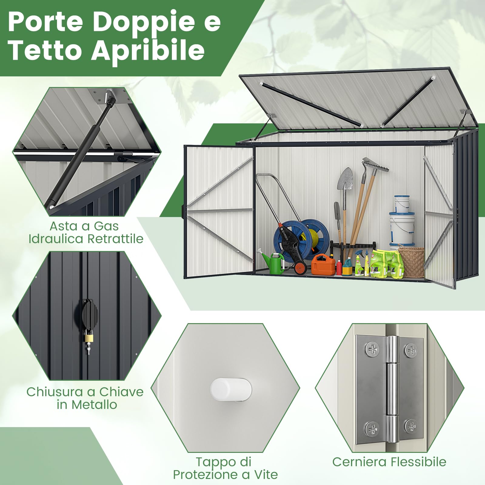 COSTWAY Copribidone Spazzatura Esterno Doppio, Casetta Porta Attrezzi da Giardino in Metallo Zincato con Porta Bloccabile, Tetto Apribile e Struttura a Scatto