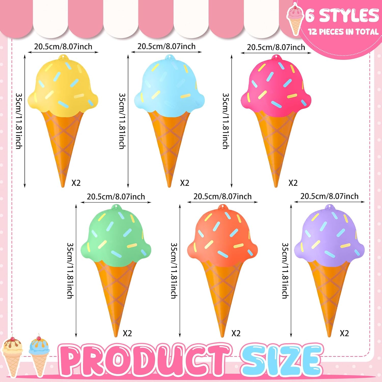 Realspring 12 Pieces 12 Inch Summer Inflatables Outdoor Decorations Ice Cream Inflatable Hanging Ornament Summer Ice Cream Birthday Party Swimming Pool, Beach Decorations for Indoor Outdoor