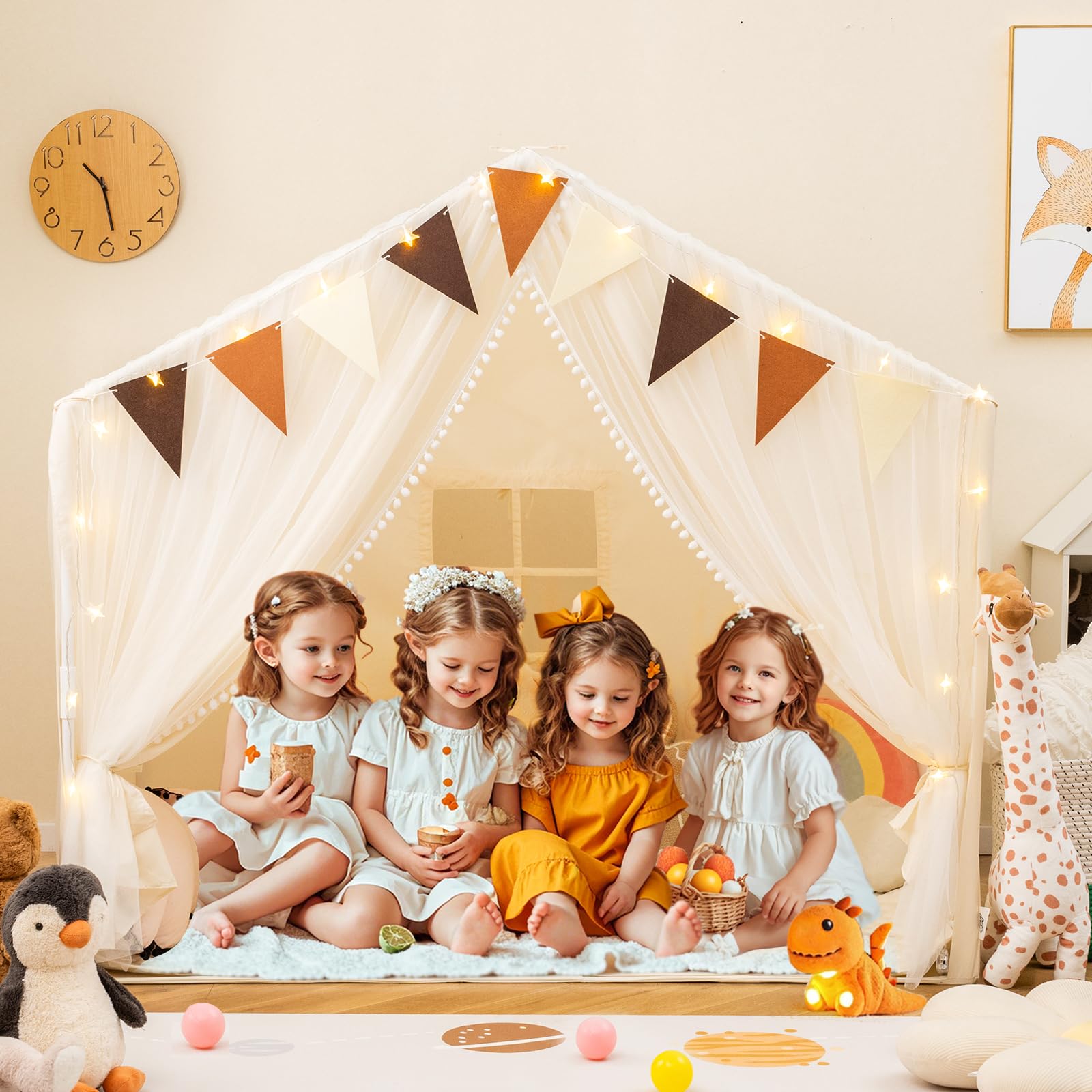 GOPLUS Spielhaus Kinder Indoor, Spielzelt groß mit Vorhängen, Fenstern, Sternenlichtern, bunten Flaggen & gepolsterter Matte, waschbares Kinderzelt für Mädchen & Jungen ab 3 Jahren (Beige)