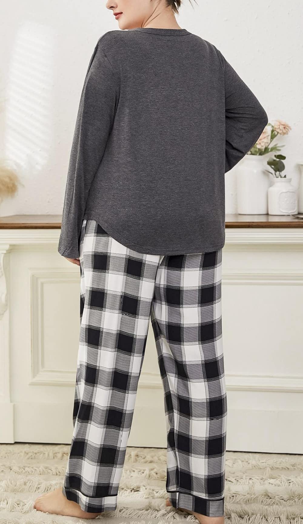 Ensembles De Pyjama Femme,Haut Gris À Col en V De Grande Taille, Pantalon À Carreaux Ensemble De Vêtements De Nuit pour Femme Pyjama Deux Pièces Soft Classic Casual Loungewear Cadeau pour Femme