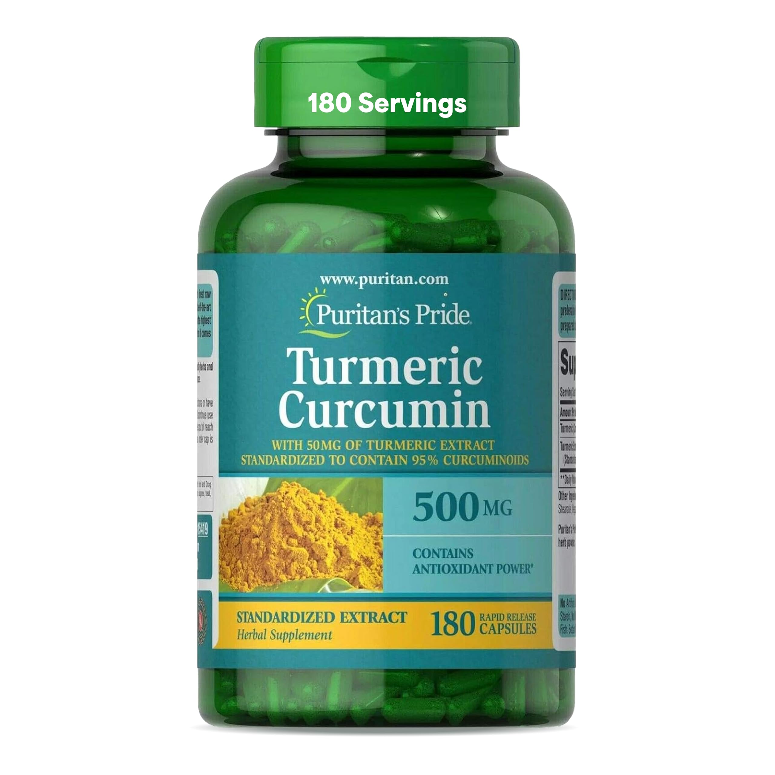 Puritan's Pride Turmeric Curcumin 500mg, Standarized to 95% Cucuminoids, Herbal Dietary Supplement for Antioxidant Health, 180 Radpid Release Capsules