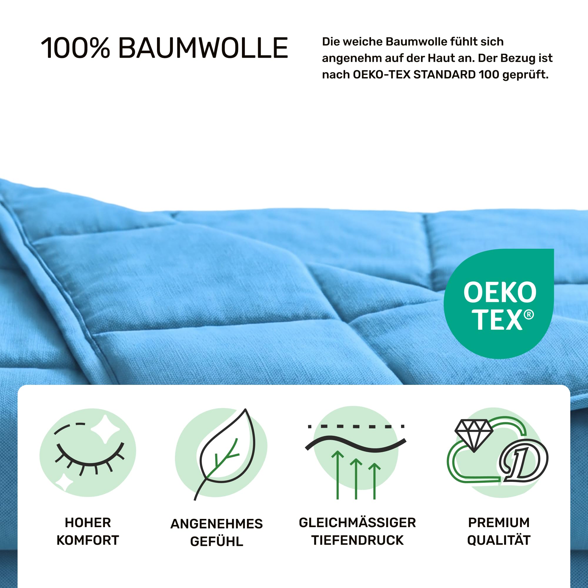 Dailydream Gewichtsdecke 135x200cm, 4,5 kg, Baumwolle, Blau | Gewichtsdecke mit atmungsaktiver Baumwoll-Außenschicht, Glasperlenfüllung und doppelt vernähten Kammern.